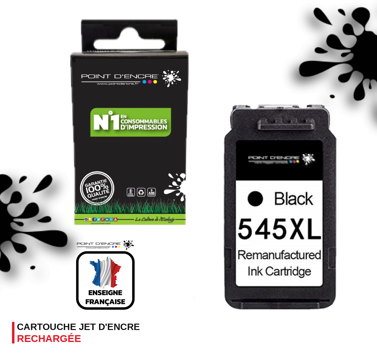 PG-545XL  - NOIR - 8286B001/8287B001 Grande capacité de Marque Francaise POINT D'ENCRE - Pour imprimante compatible CANON (cec)