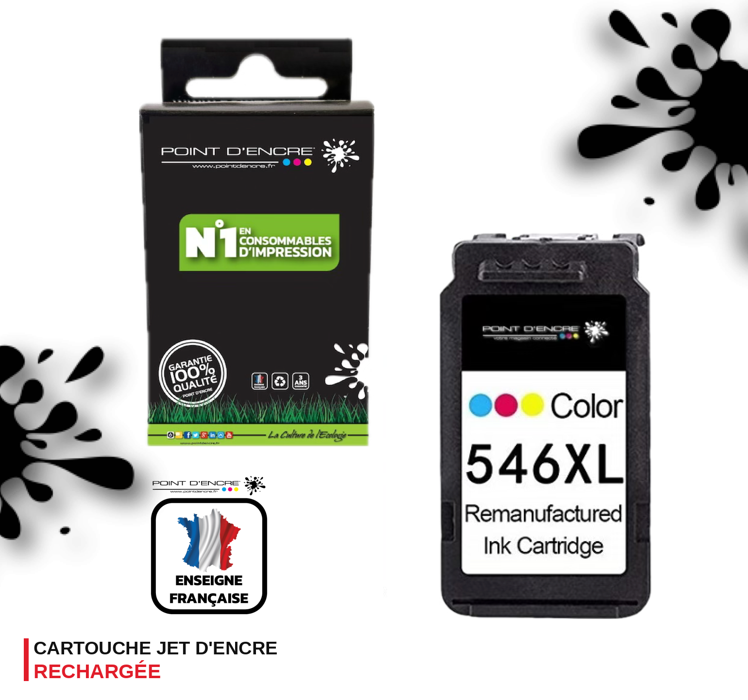 CL-546XL - COULEUR - 8288B001 / 8289B001 Grande capacité de Marque Francaise POINT D'ENCRE - Pour imprimante compatible CANON (cec)