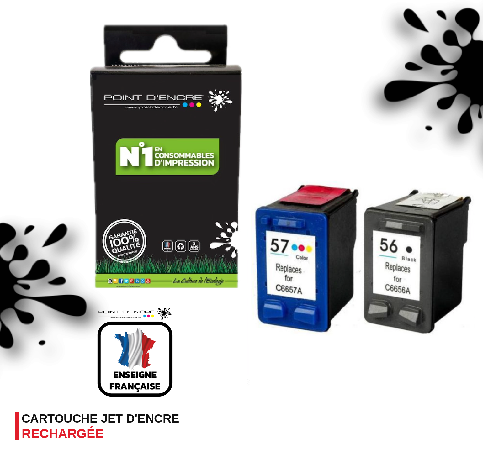 56XL / 57XL - NOIR / COULEUR - Grande capacité de Marque Francaise POINT D'ENCRE - Pour imprimante compatible HP (cehp)