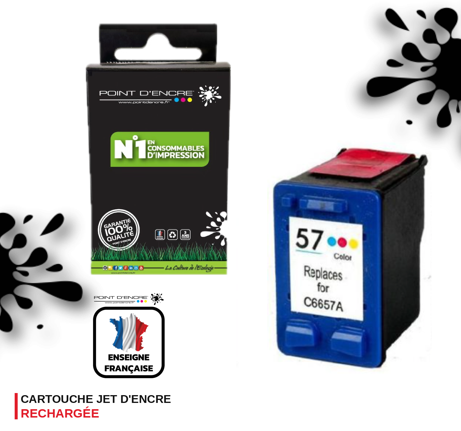 57XL - COULEUR - Grande capacité de Marque Francaise POINT D'ENCRE - Pour imprimante compatible HP (cehp)