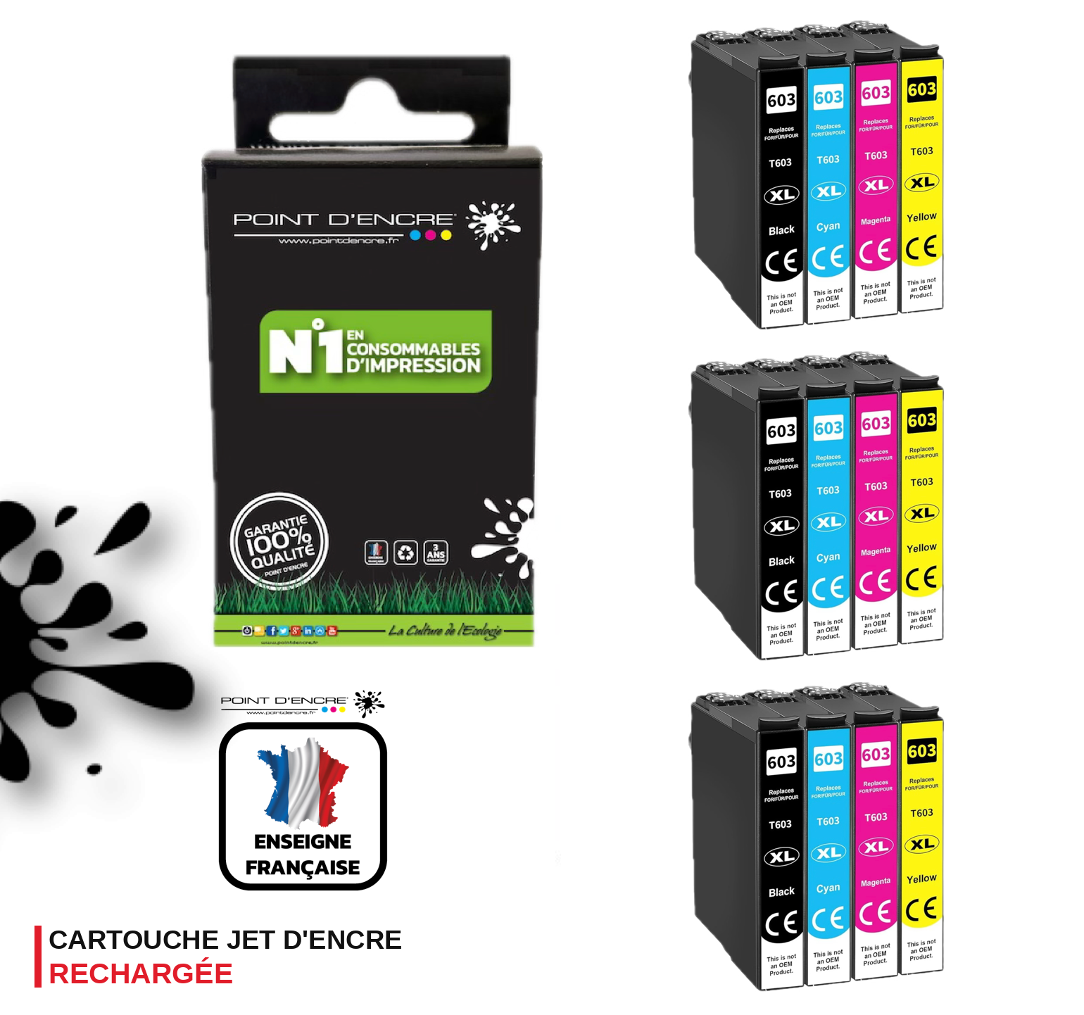 603XL - Etoile de mer - 3 X Multipack de 4 Cartouches D'encre Noir/Cyan/Magenta/ Jaune - Grande capacité de Marque Francaise POINT D'ENCRE Pour imprimante compatible EPSON  (cee)