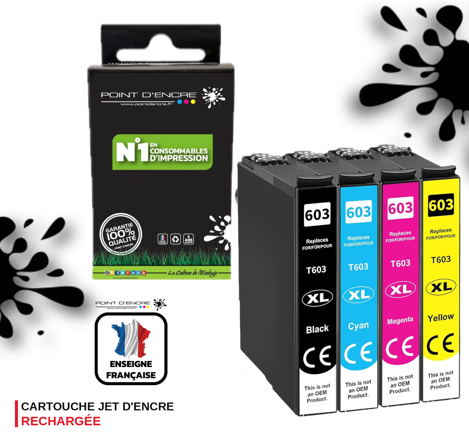 603XL - Etoile de mer - Pack de 4 Cartouches D'encre Noir/Cyan/Magenta/ Jaune - Grande capacité de Marque Francaise POINT D'ENCRE Pour imprimante compatible EPSON  (cee)