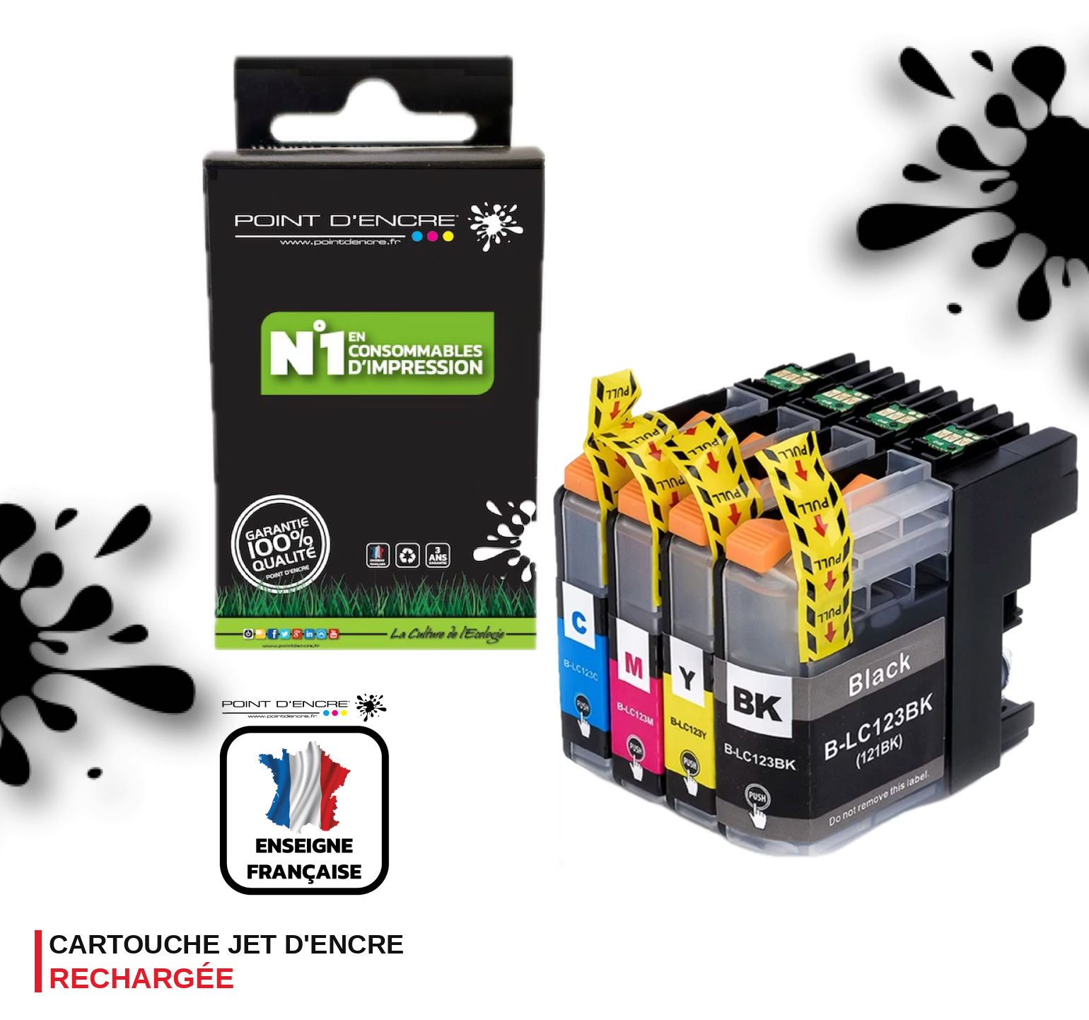 LC123XL/LC121XL - Pack de 4 Cartouches D'encre Noir/Cyan/Magenta/ Jaune - Grande capacité de Marque Francaise POINT D'ENCRE Pour imprimante compatible BROTHER (ceb)