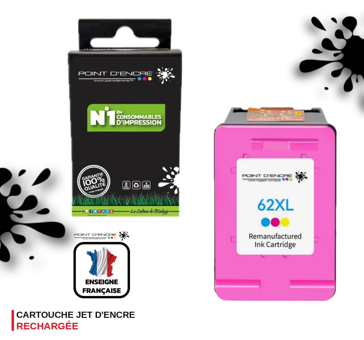 62XL - COULEUR - Grande capacité de Marque Française POINT D'ENCRE - Pour imprimante compatible HP (cehp)