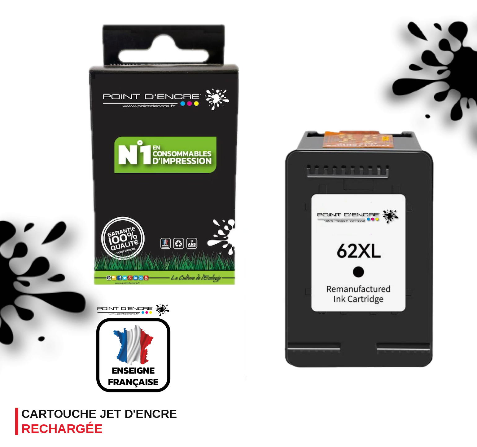 62XL - NOIR - Grande capacité de Marque Française POINT D'ENCRE - Pour imprimante compatible HP (cehp)