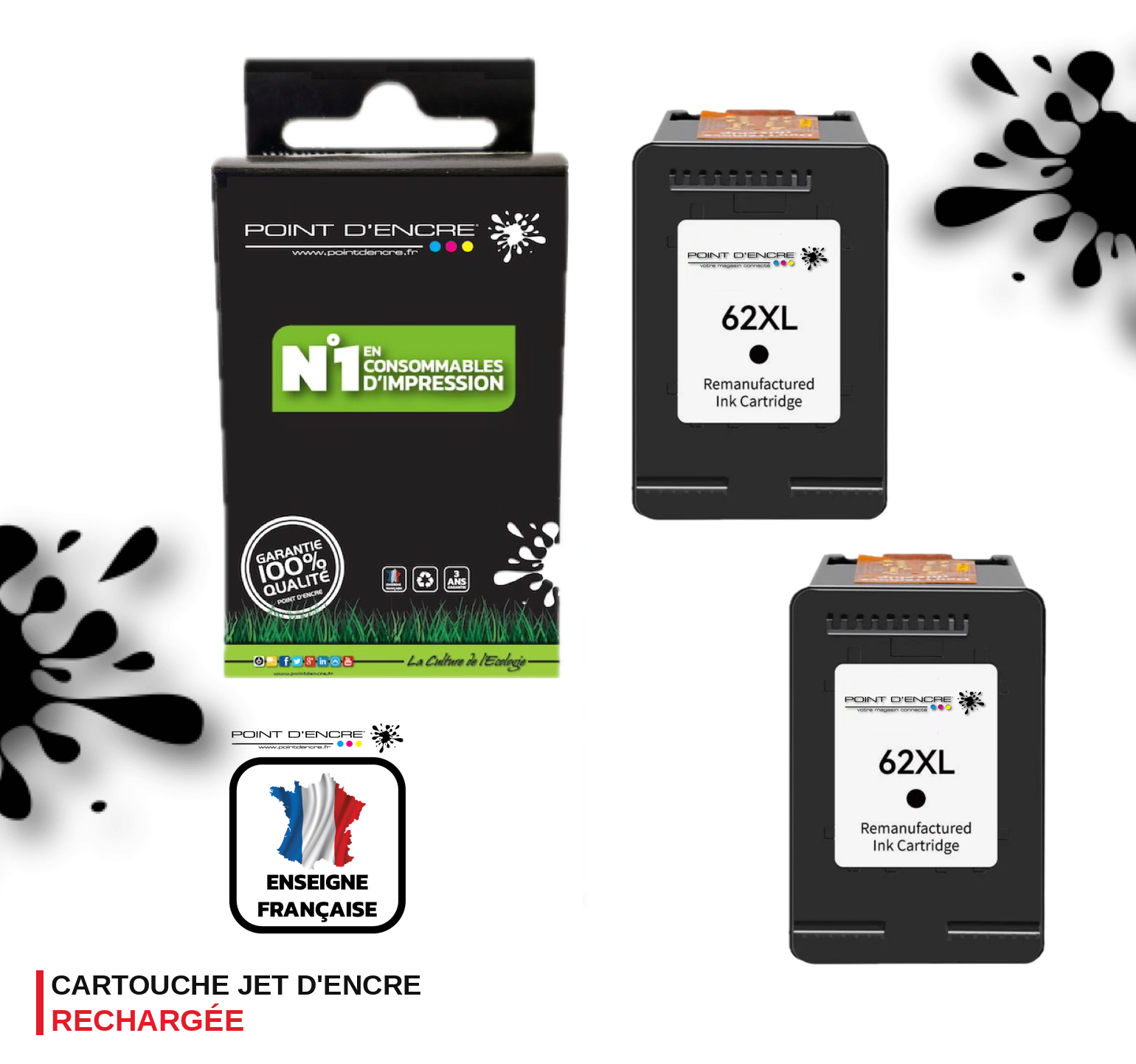 62XL - 2 X NOIR  - Grande capacité de Marque Française POINT D'ENCRE - Pour imprimante compatible HP (cehp)