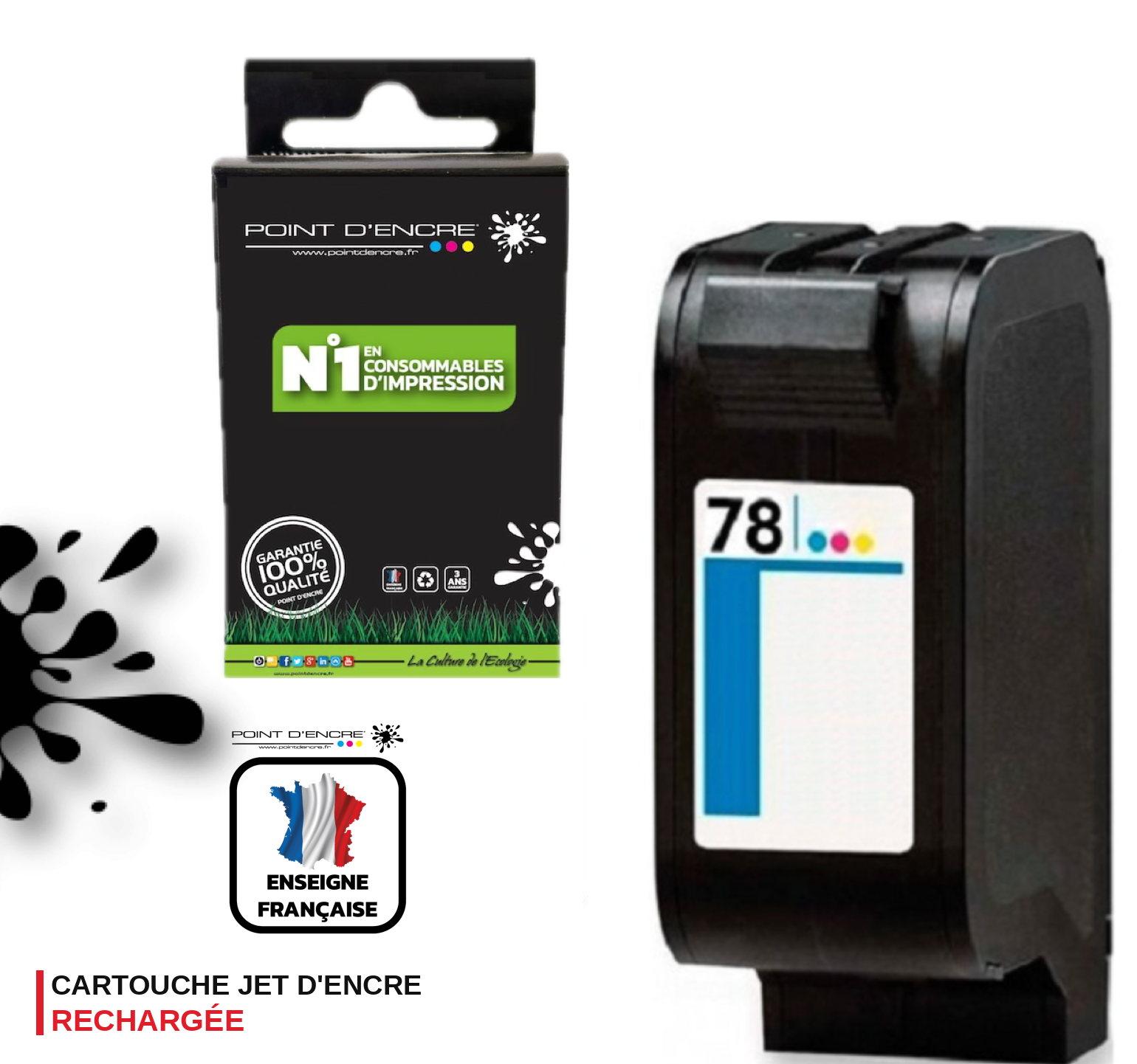 78XL - COULEUR - Grande capacité de Marque Française POINT D'ENCRE - Pour imprimante compatible HP (cehp)