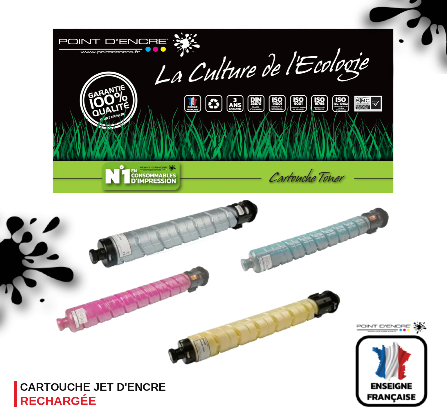841925 - NOIR / 841928 - CYAN / 841927 - MAGENTA / 841926 - JAUNE - Grande capacité de Marque Française POINT D'ENCRE Pour imprimante compatible Ricoh (clric)