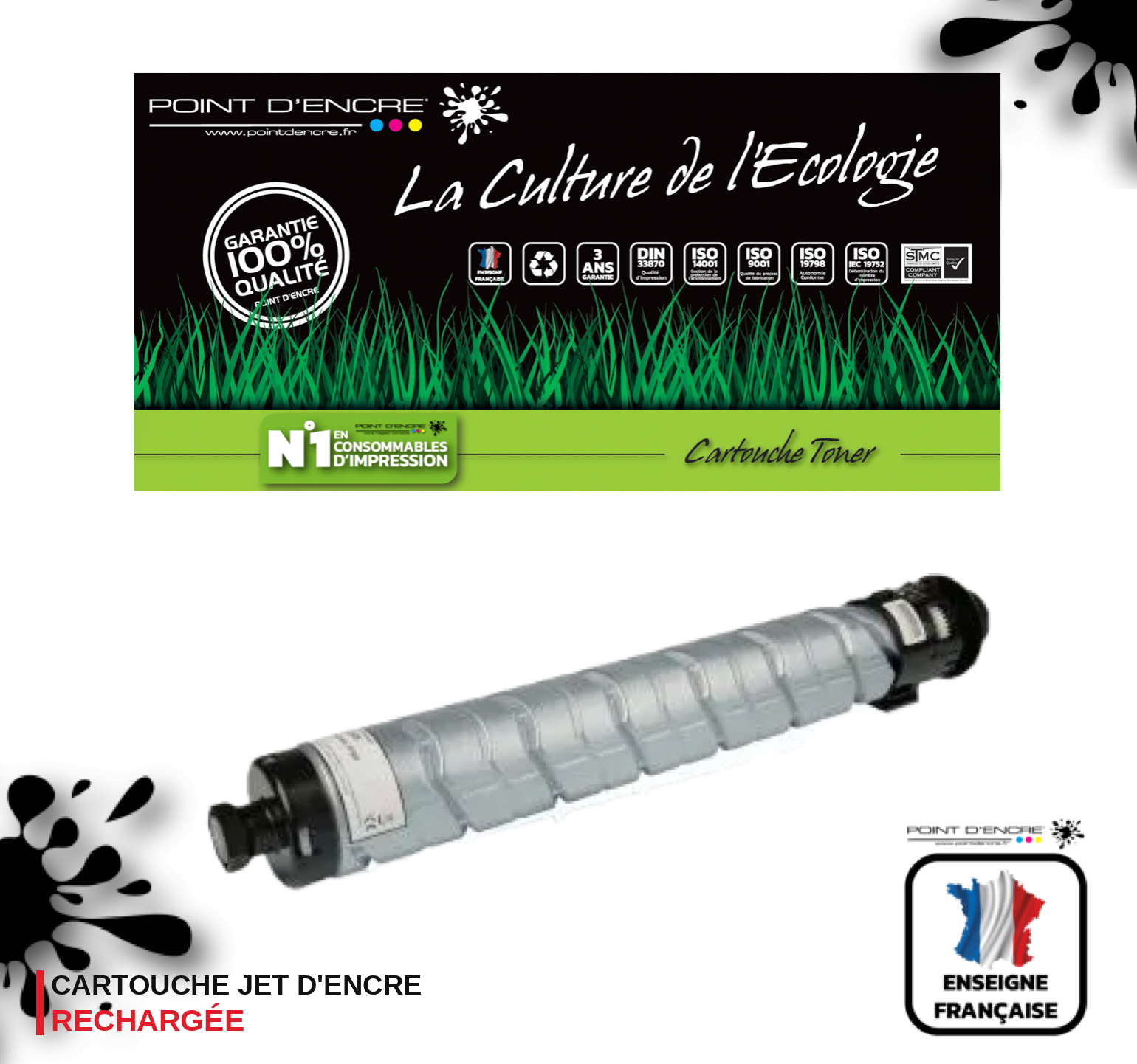 841925 - NOIR  - Grande capacité de Marque Française POINT D'ENCRE Pour imprimante compatible Ricoh (clric)