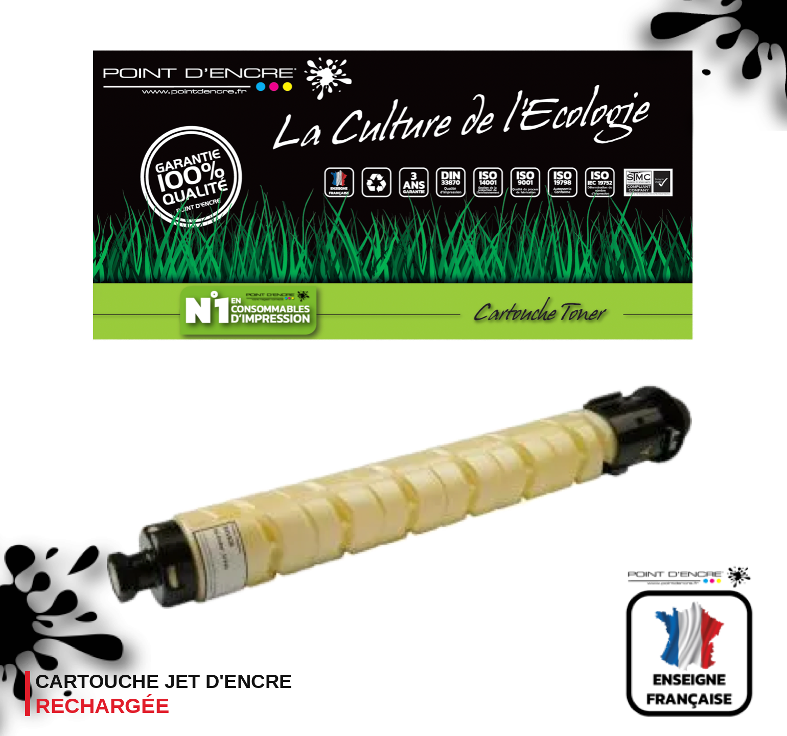 841926 - JAUNE - Grande capacité de Marque Française POINT D'ENCRE Pour imprimante compatible Ricoh (clric)