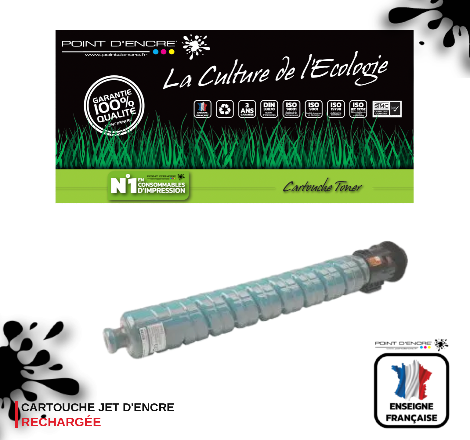841928 - CYAN - Grande capacité de Marque Française POINT D'ENCRE Pour imprimante compatible Ricoh (clric)