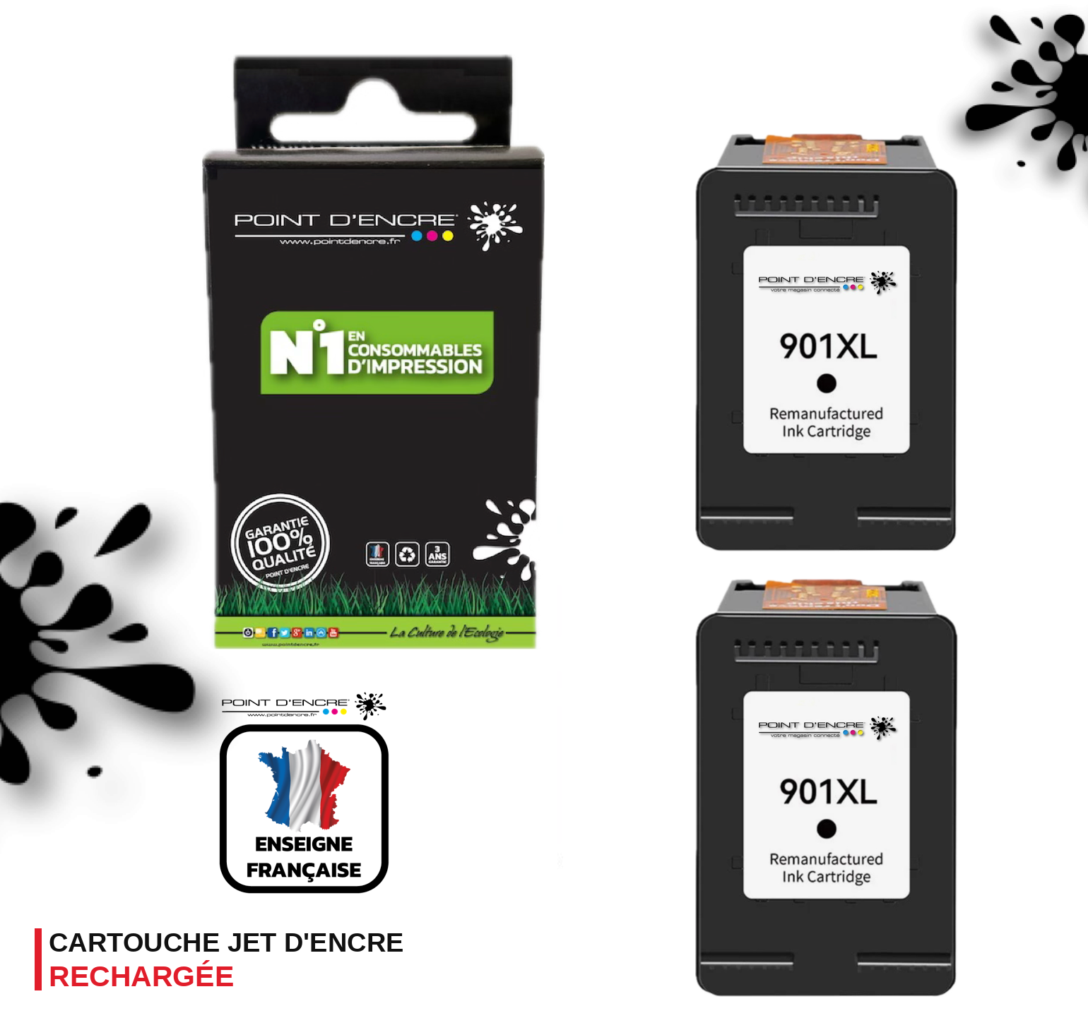 901XL / 901 - 2 X NOIR - Grande capacité de Marque Francaise POINT D'ENCRE - Pour imprimante compatible HP (cehp)