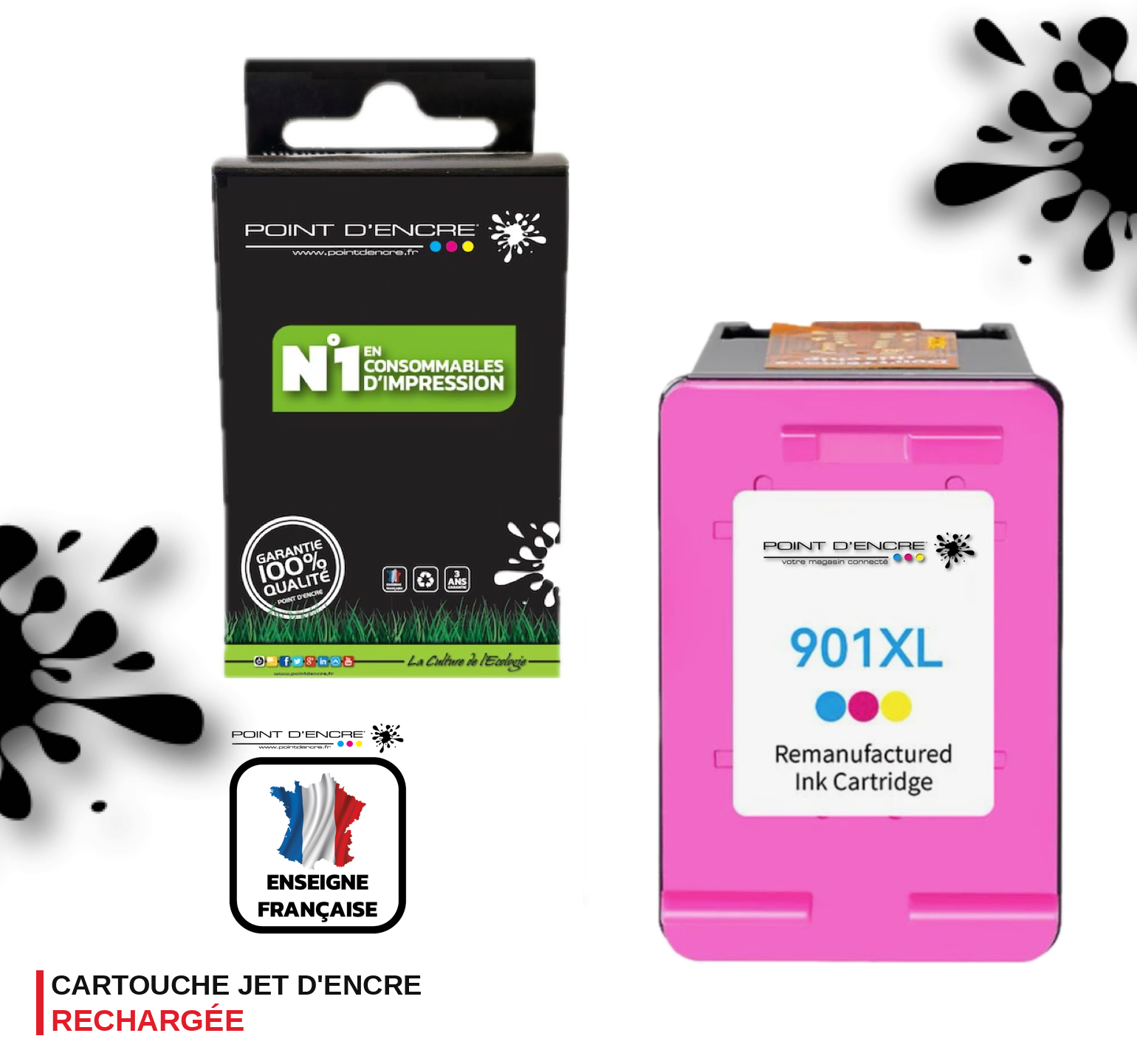901XL / 901 - COULEUR - Grande capacité de Marque Francaise POINT D'ENCRE - Pour imprimante compatible HP (cehp)