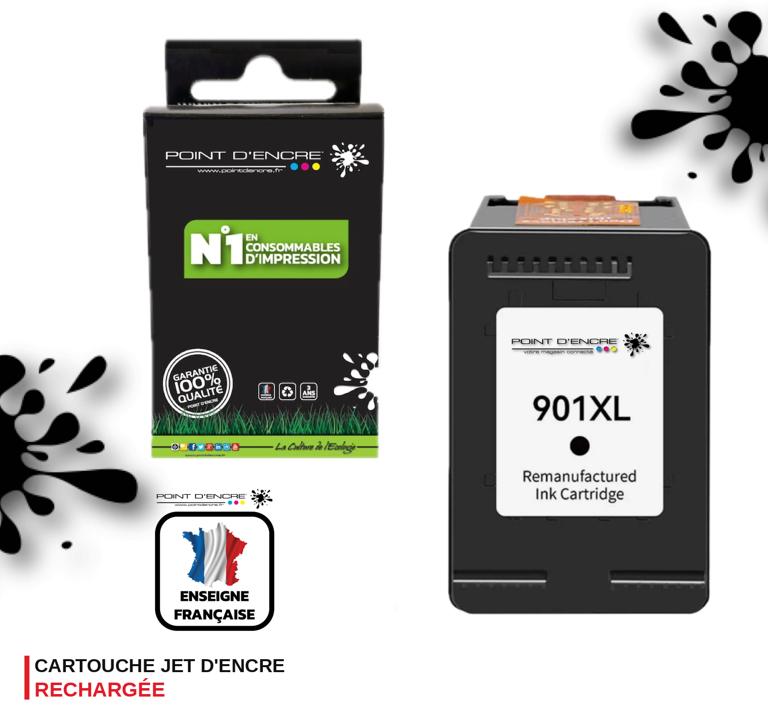 901XL / 901 - NOIR - Grande capacité de Marque Francaise POINT D'ENCRE - Pour imprimante compatible HP (cehp)