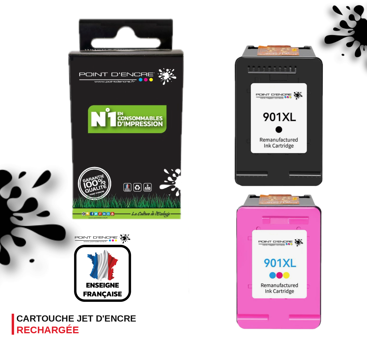 901XL / 901 - NOIR / COULEUR - Grande capacité de Marque Francaise POINT D'ENCRE - Pour imprimante compatible HP (cehp)