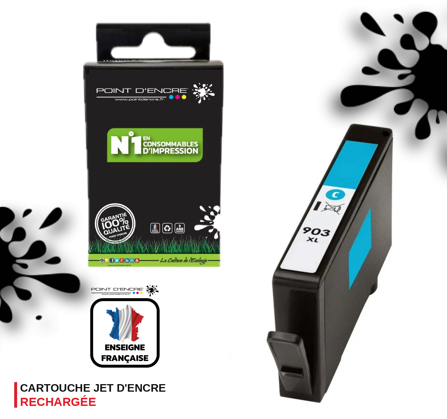 903XL - CYAN - Grande capacité de Marque Française POINT D'ENCRE Pour imprimante compatible HP (cehp)