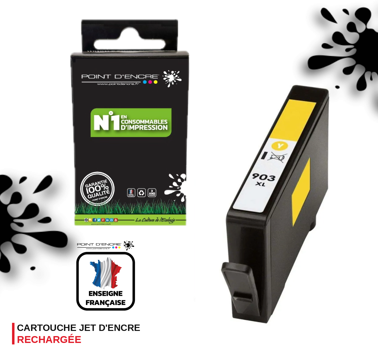 903XL - JAUNE - Grande capacité de Marque Française POINT D'ENCRE Pour imprimante compatible HP (cehp)
