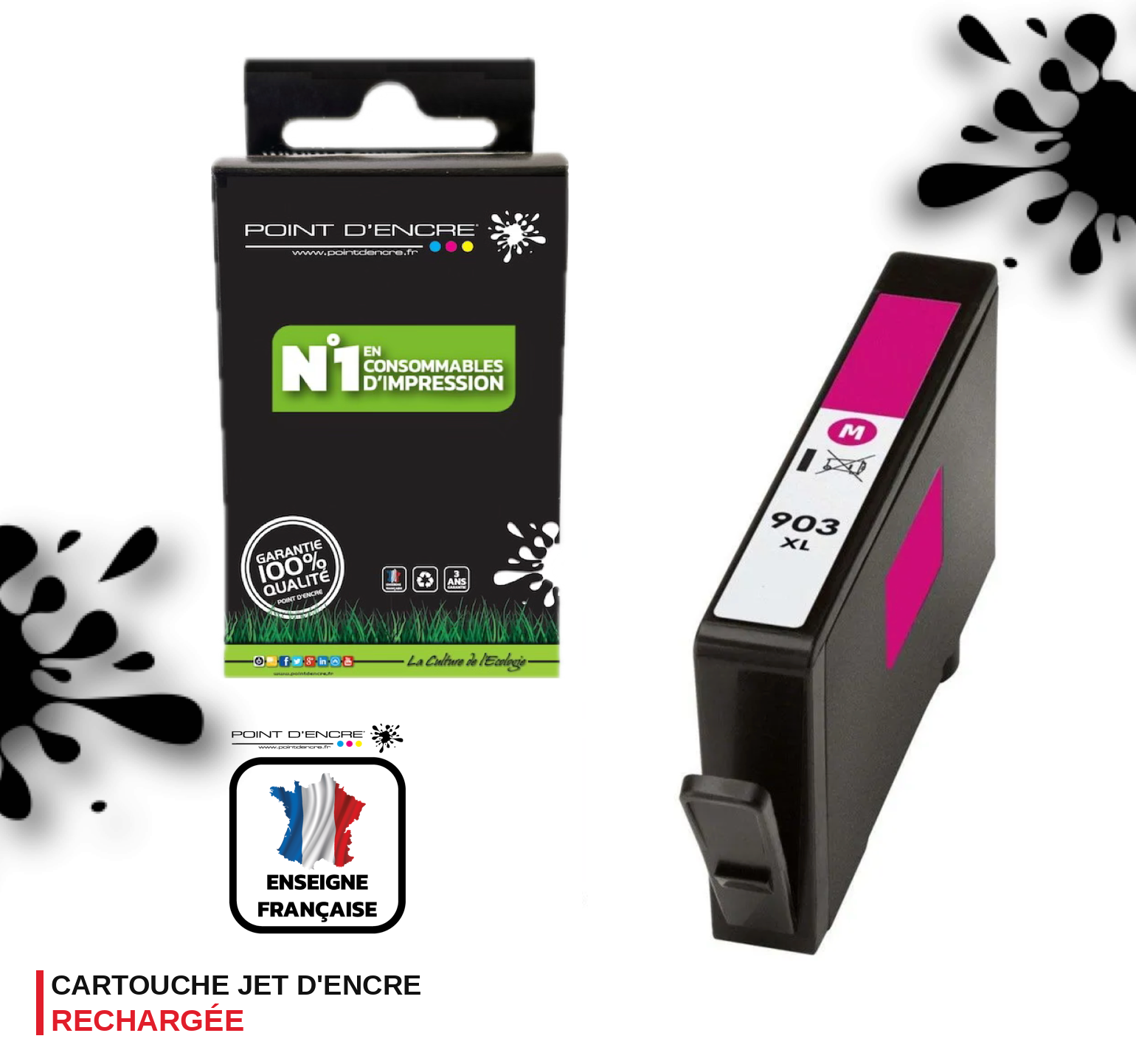 903XL - MAGENTA - Grande capacité de Marque Française POINT D'ENCRE Pour imprimante compatible HP (cehp)