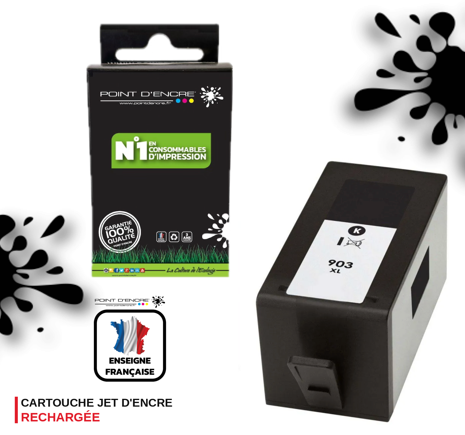903XL - NOIR - Grande capacité de Marque Française POINT D'ENCRE Pour imprimante compatible HP (cehp)