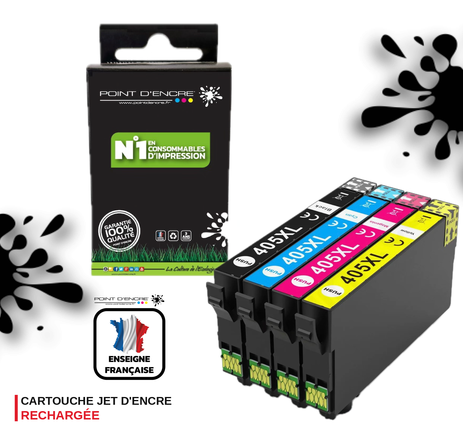 903XL - Pack de 4 Cartouches D'encre Noir/Cyan/Magenta/ Jaune - Grande capacité de Marque Française POINT D'ENCRE Pour imprimante compatible HP (cehp)