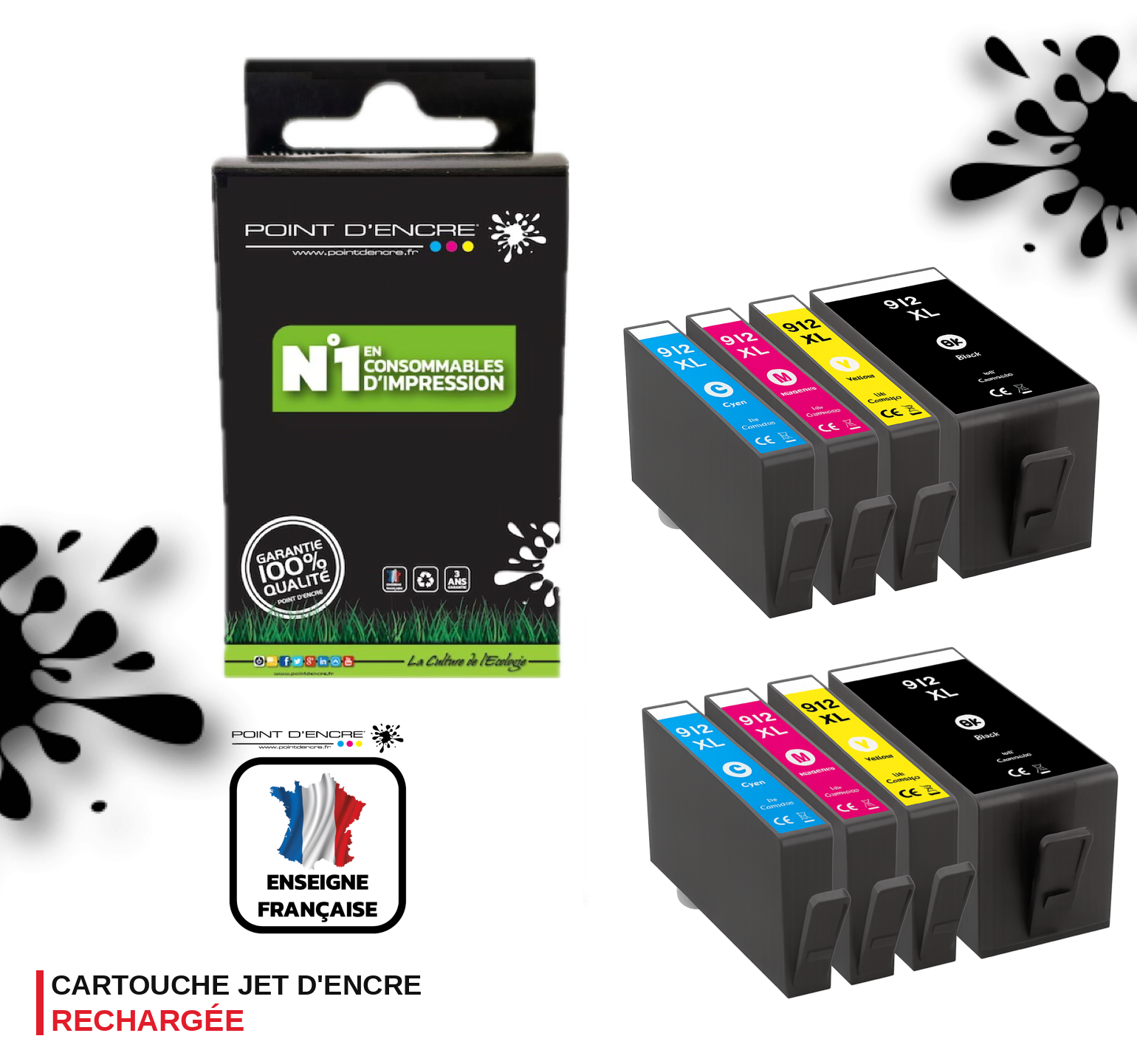 912XL - 2 X Pack de 4 Cartouches D'encre Noir/Cyan/Magenta/ Jaune - Grande capacité de Marque Française POINT D'ENCRE Pour imprimante compatible HP (cehp)