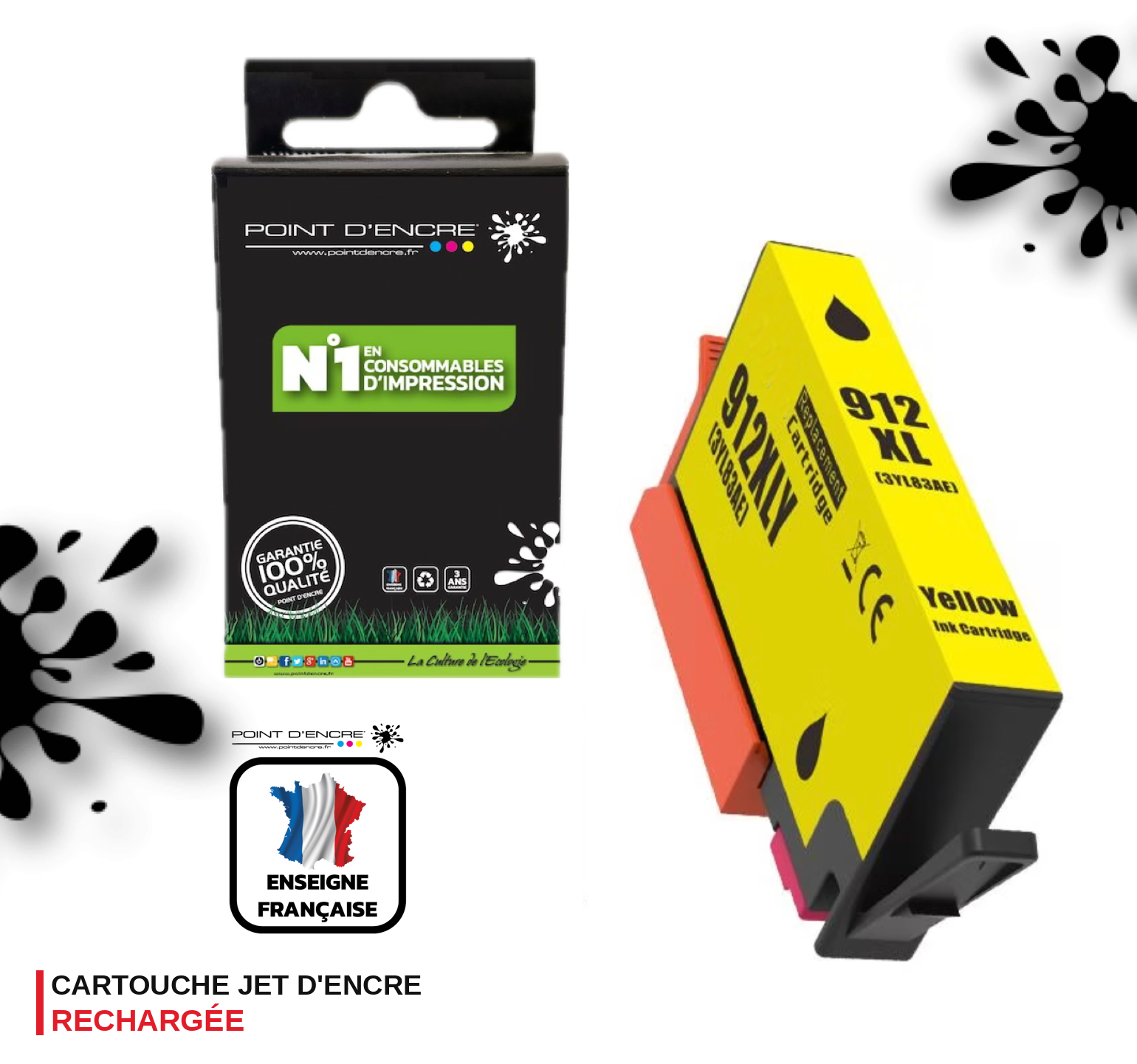 912XL - JAUNE - Grande capacité de Marque Française POINT D'ENCRE Pour imprimante compatible HP (cehp)