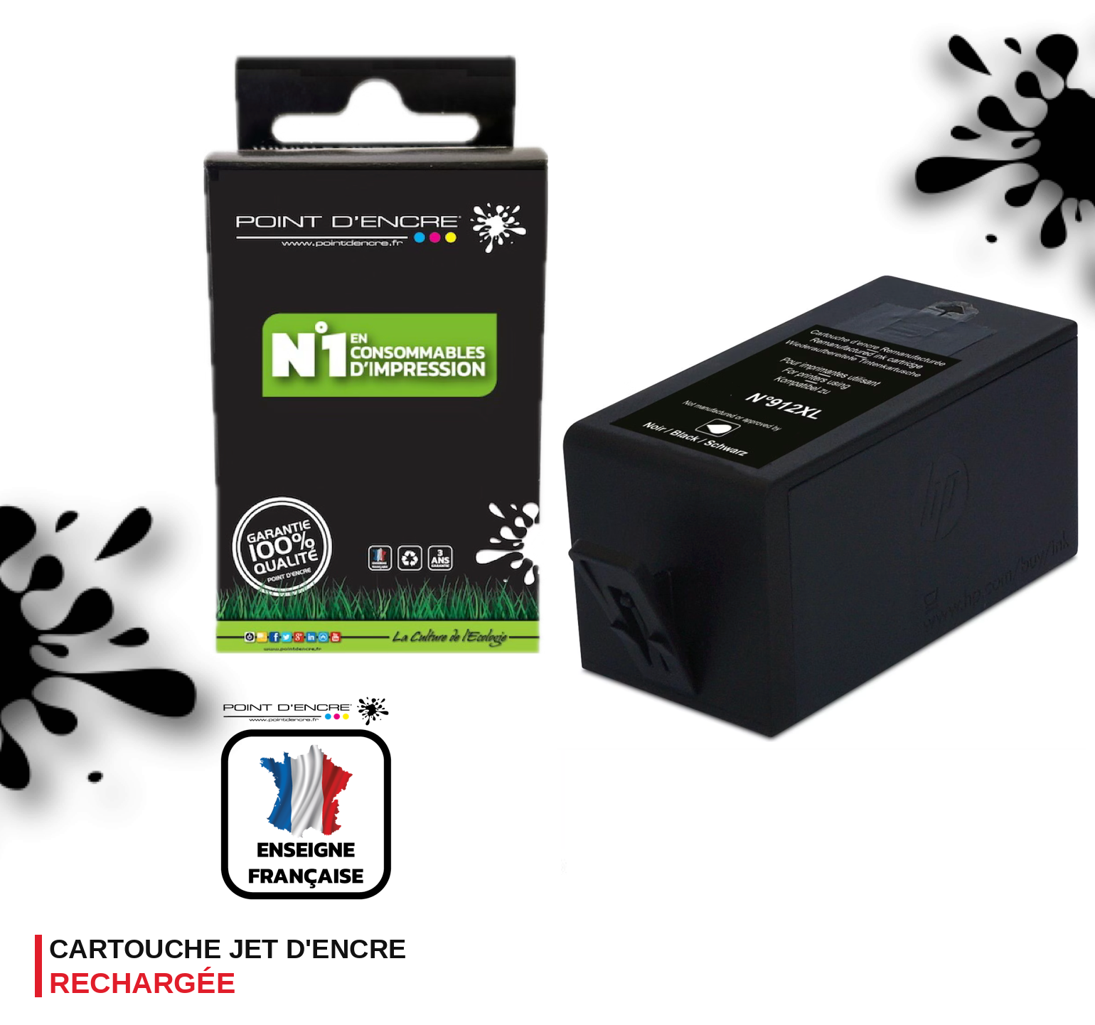 912XL - NOIR - Grande capacité de Marque Française POINT D'ENCRE Pour imprimante compatible HP (cehp)
