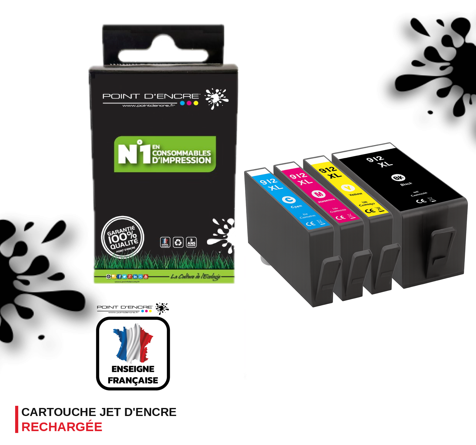 912XL - Pack de 4 Cartouches D'encre Noir/Cyan/Magenta/ Jaune - Grande capacité de Marque Française POINT D'ENCRE Pour imprimante compatible HP (cehp)