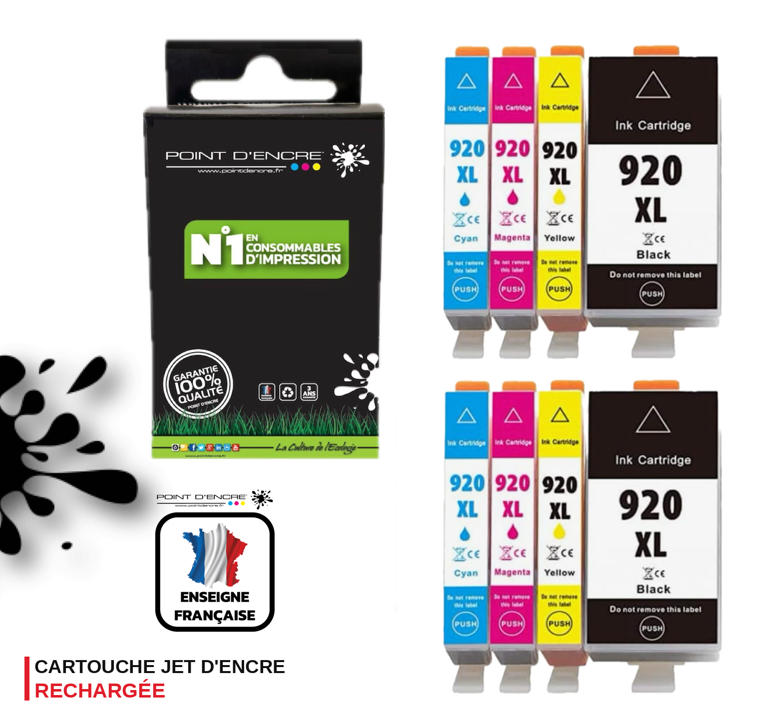 920XL - 2 X Pack de 4 Cartouches D'encre Noir/Cyan/Magenta/ Jaune - Grande capacité de Marque Française POINT D'ENCRE Pour imprimante compatible HP (cehp)