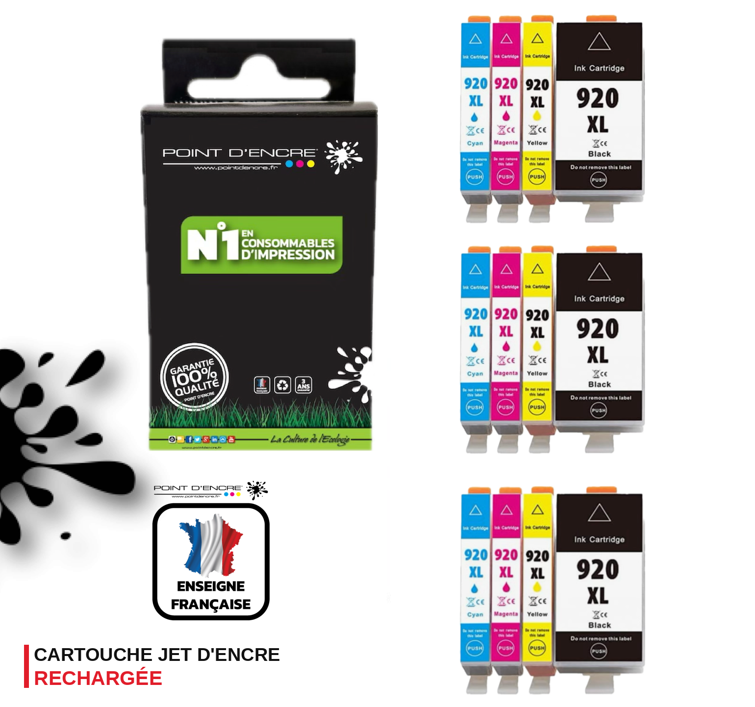 920XL - 3 X Pack de 4 Cartouches D'encre Noir/Cyan/Magenta/ Jaune - Grande capacité de Marque Française POINT D'ENCRE Pour imprimante compatible HP (cehp)