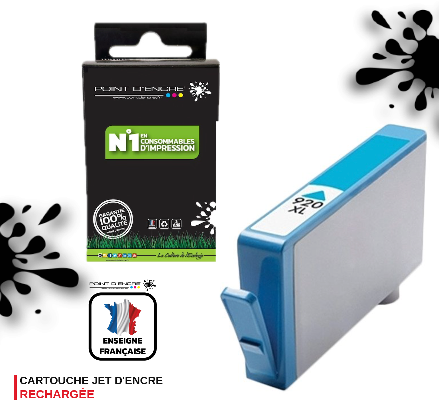 920XL - CYAN - Grande capacité de Marque Française POINT D'ENCRE Pour imprimante compatible HP (cehp)