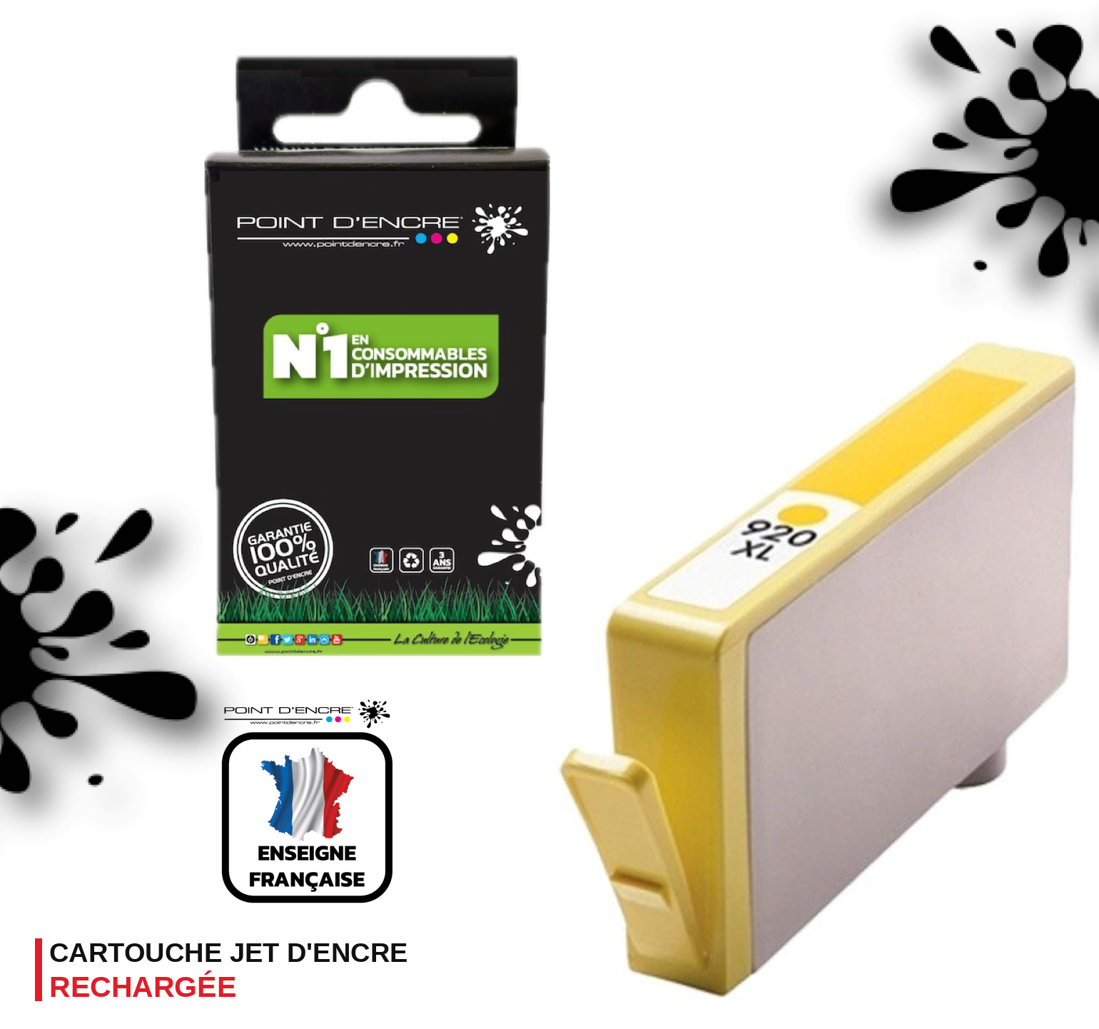 920XL - JAUNE - Grande capacité de Marque Française POINT D'ENCRE Pour imprimante compatible HP (cehp)