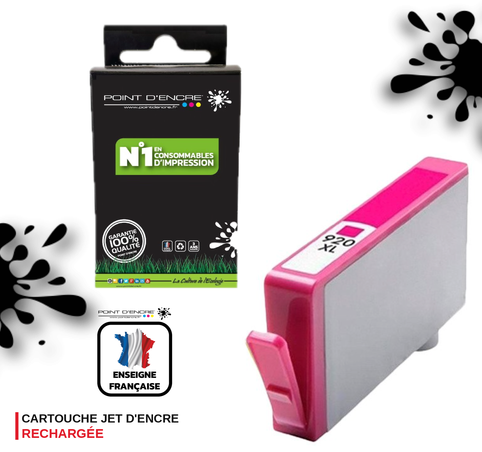 920XL - MAGENTA - Grande capacité de Marque Française POINT D'ENCRE Pour imprimante compatible HP (cehp)