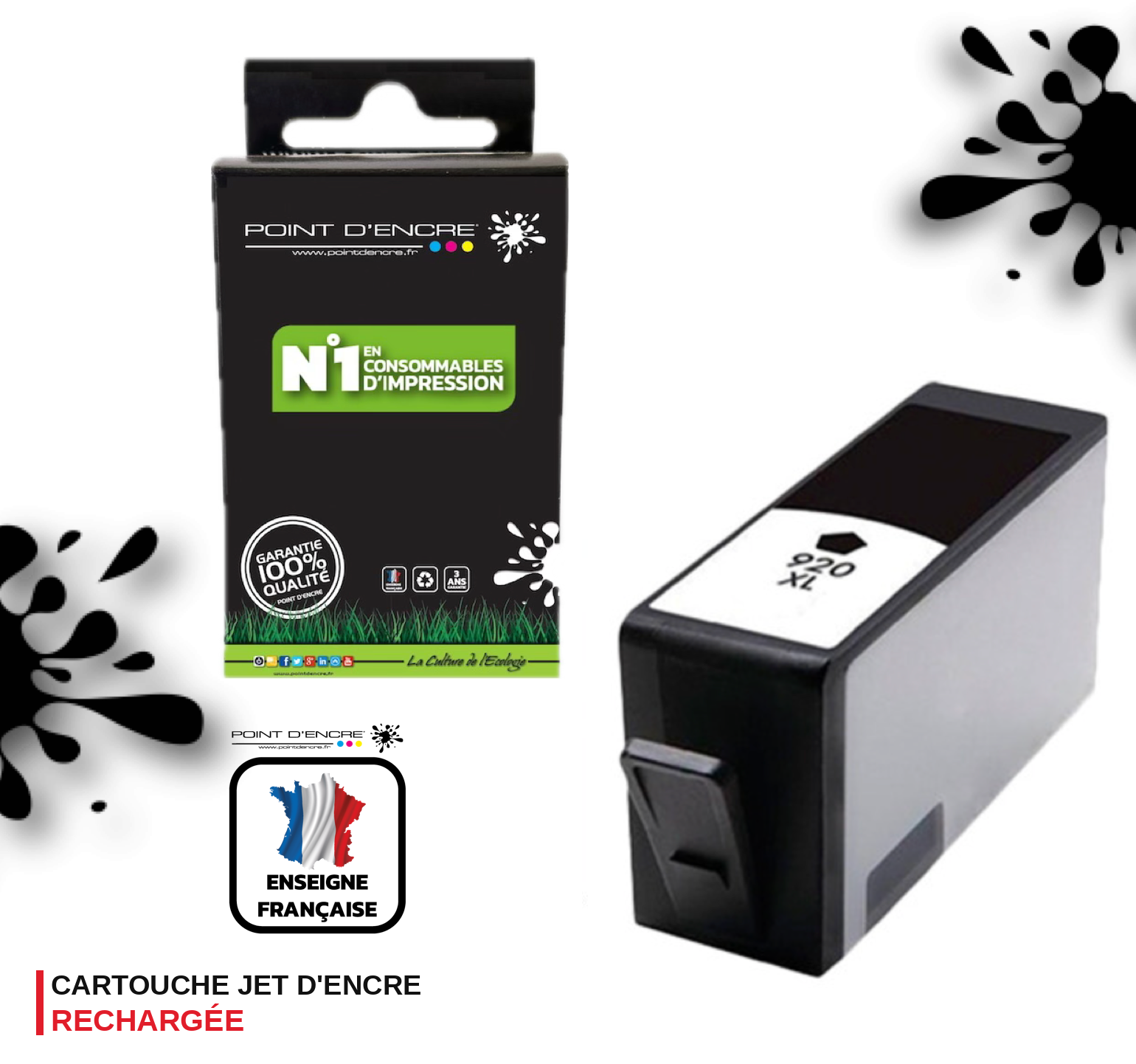 920XL - NOIR - Grande capacité de Marque Française POINT D'ENCRE Pour imprimante compatible HP (cehp)