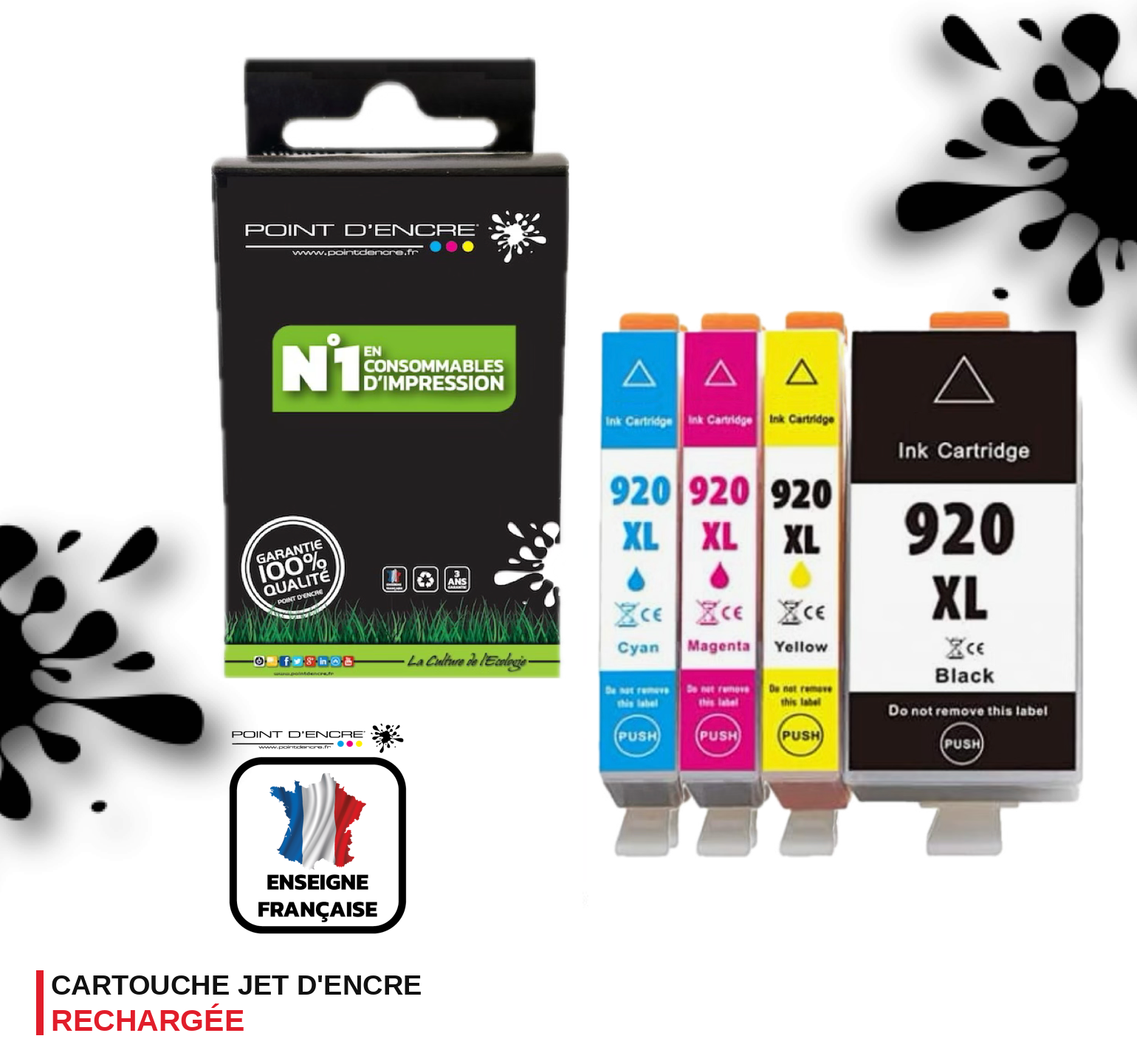 920XL - Pack de 4 Cartouches D'encre Noir/Cyan/Magenta/ Jaune - Grande capacité de Marque Française POINT D'ENCRE Pour imprimante compatible HP (cehp)