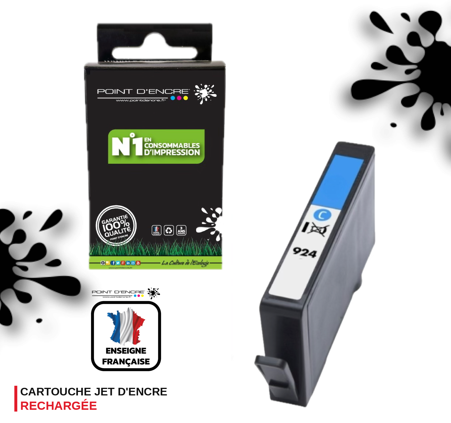 924 - CYAN - Grande capacité de Marque Française POINT D'ENCRE Pour imprimante compatible HP (cehp)