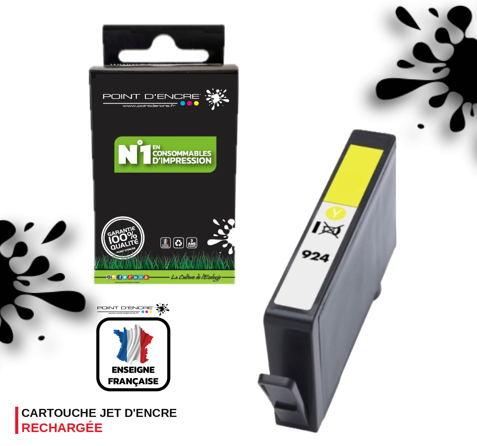 924 - JAUNE - Grande capacité de Marque Française POINT D'ENCRE Pour imprimante compatible HP (cehp)