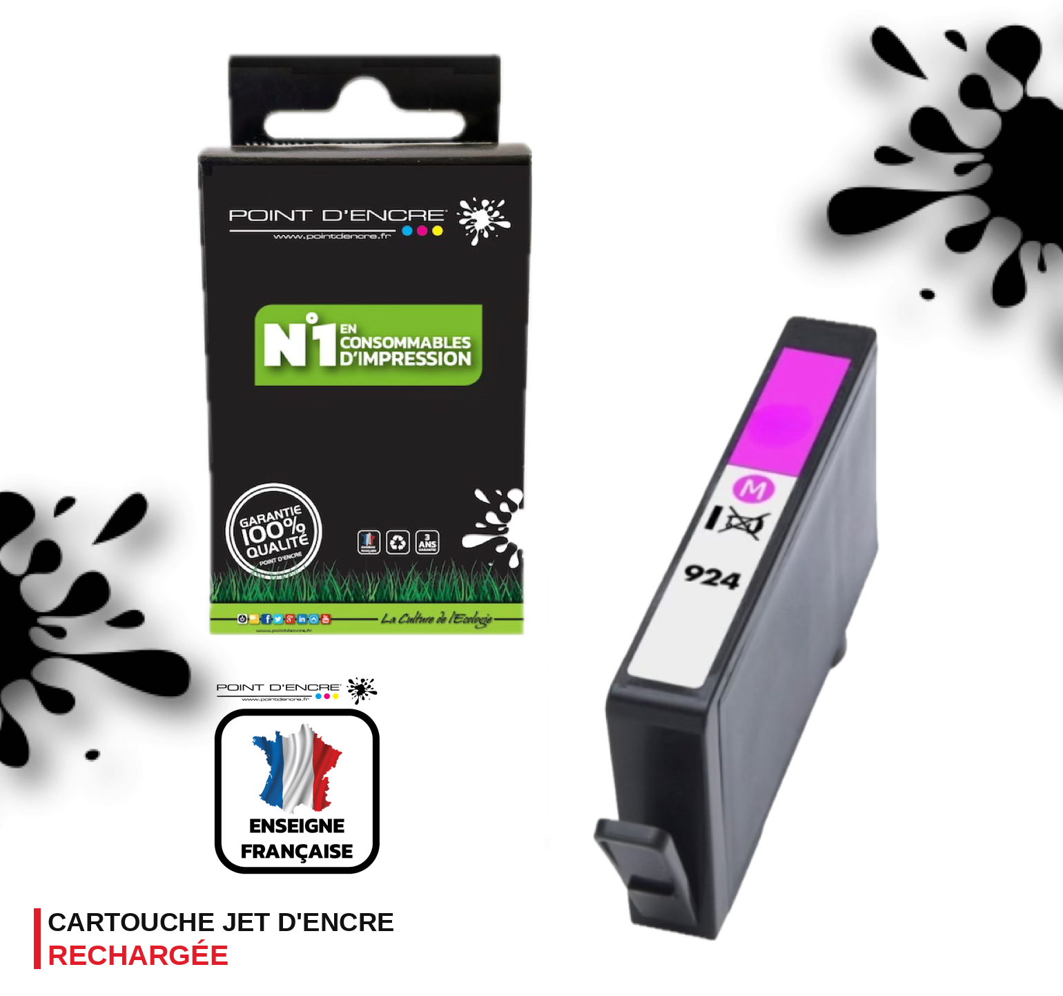 924 - MAGENTA - Grande capacité de Marque Française POINT D'ENCRE Pour imprimante compatible HP (cehp)