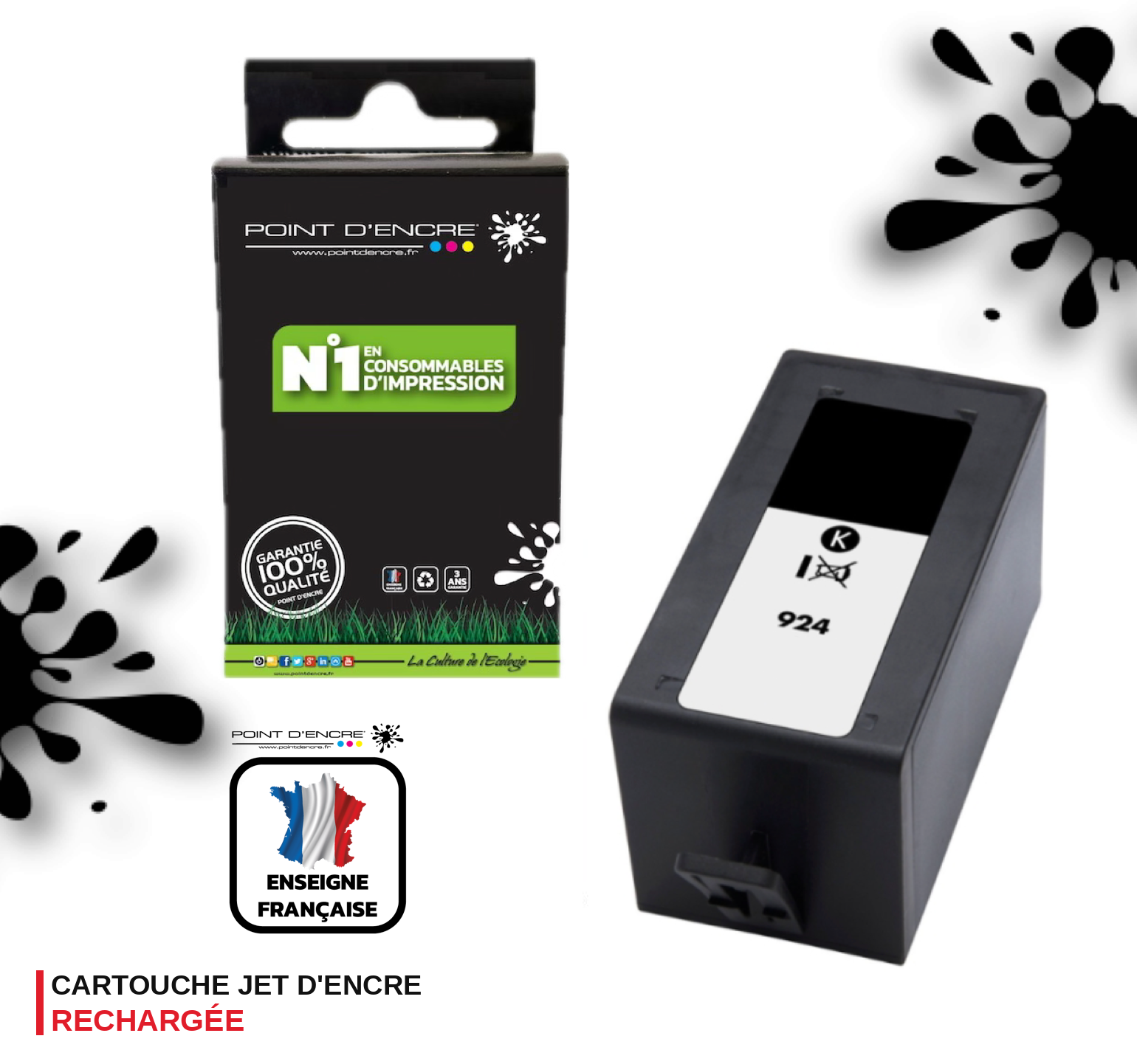924 - NOIR - Grande capacité de Marque Française POINT D'ENCRE Pour imprimante compatible HP (cehp)