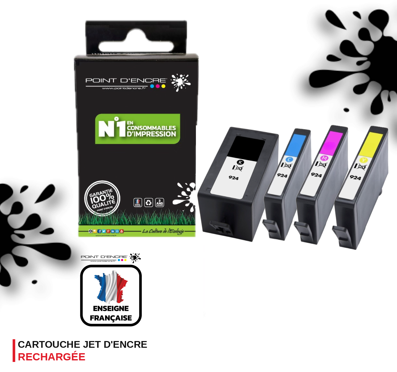924 - Pack de 4 Cartouches D'encre Noir/Cyan/Magenta/ Jaune - Grande capacité de Marque Française POINT D'ENCRE Pour imprimante compatible HP (cehp)