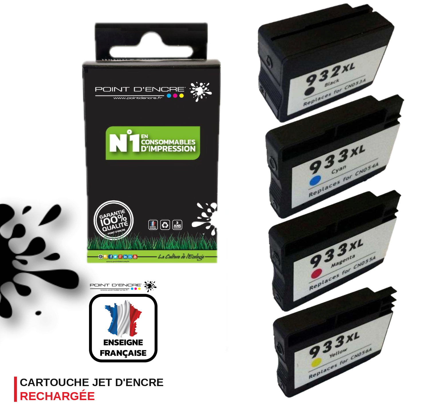 932XL / 933XL - Pack de 4 Cartouches D'encre Noir/Cyan/Magenta/ Jaune - Grande capacité de Marque Française POINT D'ENCRE Pour imprimante compatible HP (cehp)