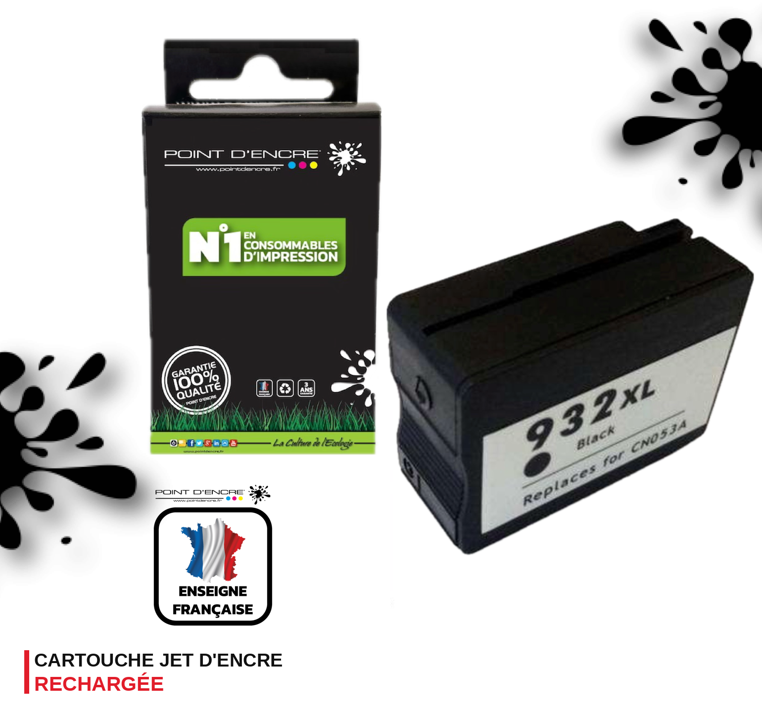 932XL - NOIR - Grande capacité de Marque Française POINT D'ENCRE Pour imprimante compatible HP (cehp)