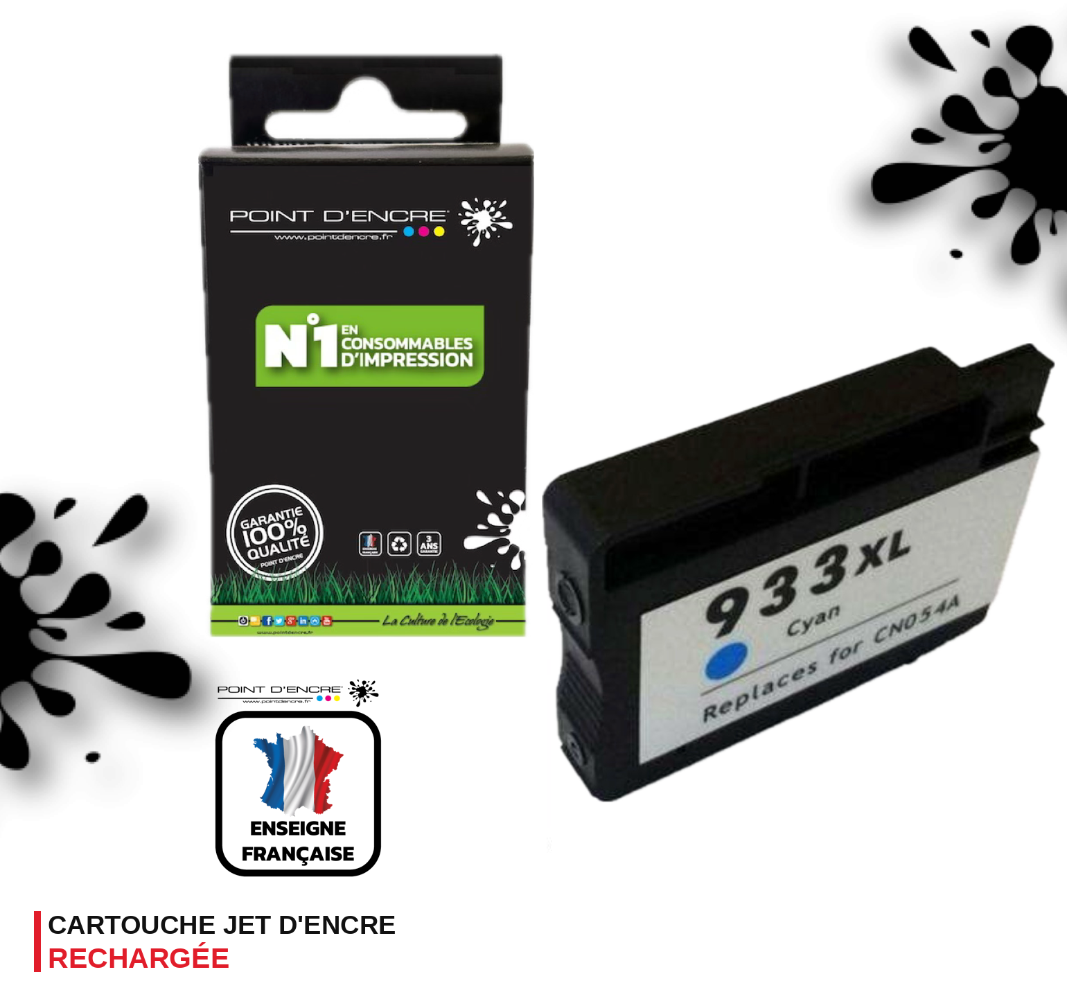 933XL - CYAN - Grande capacité de Marque Française POINT D'ENCRE Pour imprimante compatible HP (cehp)