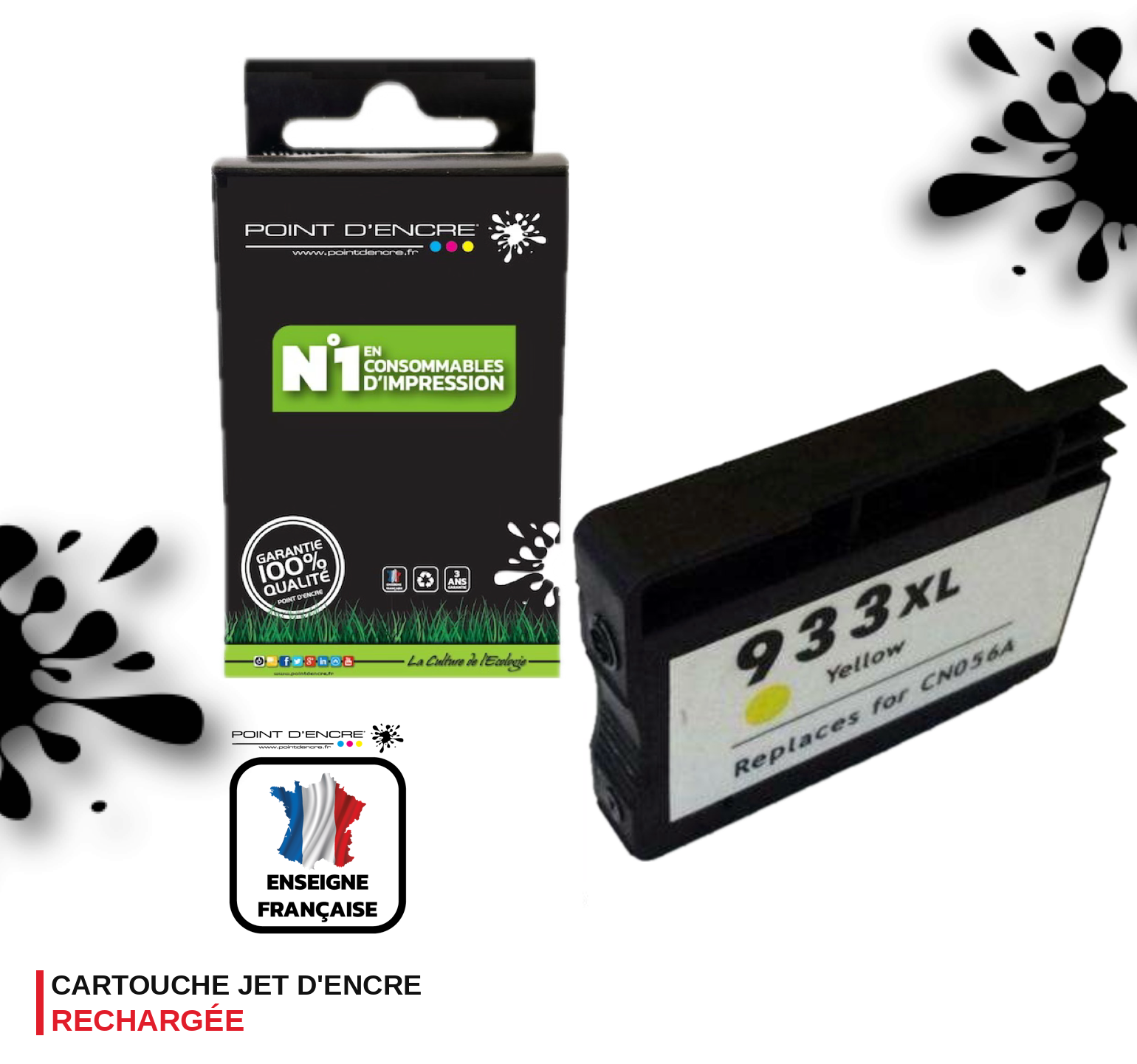 933XL - JAUNE - Grande capacité de Marque Française POINT D'ENCRE Pour imprimante compatible HP (cehp)