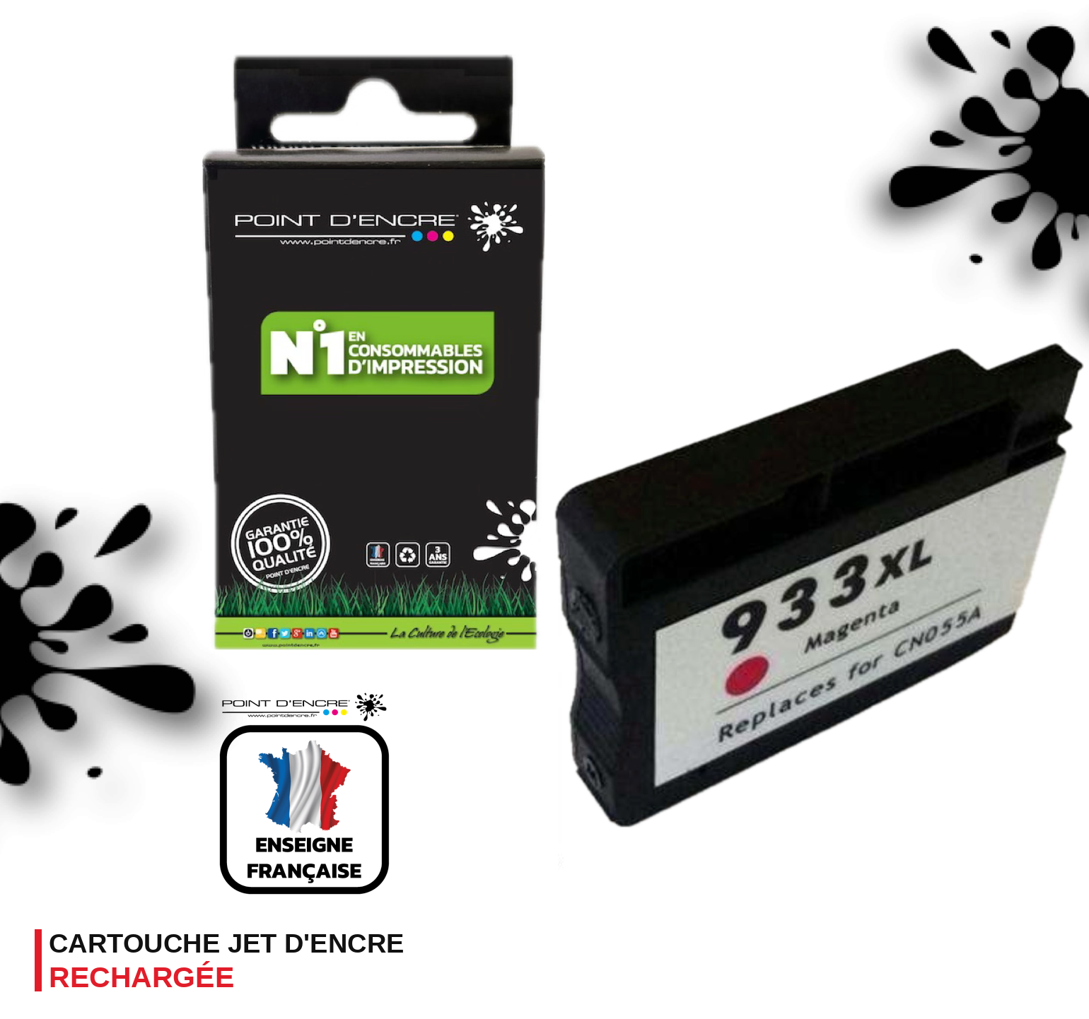 933XL - MAGENTA - Grande capacité de Marque Française POINT D'ENCRE Pour imprimante compatible HP (cehp)