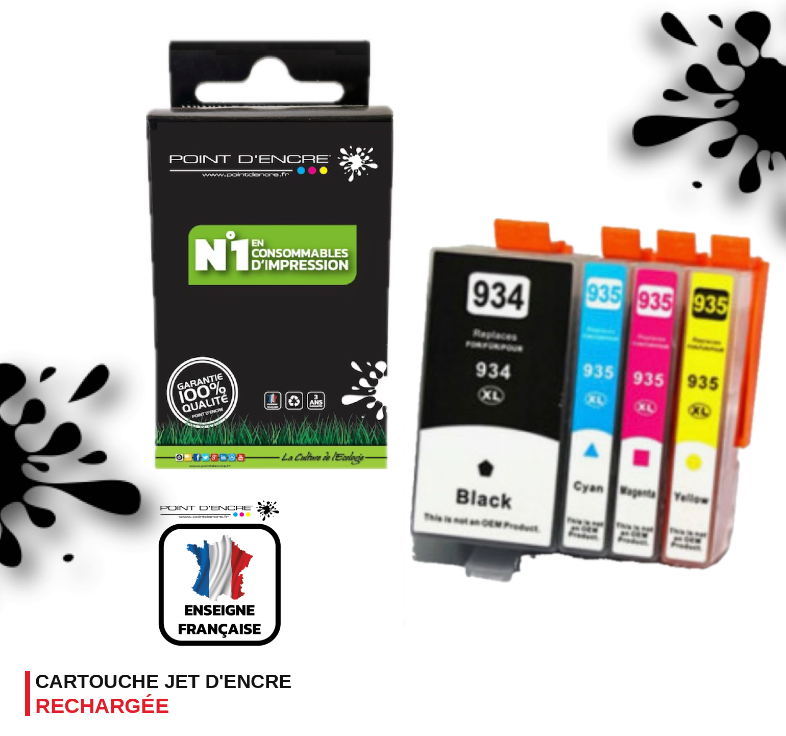 934XL / 935XL - Pack de 4 Cartouches D'encre Noir/Cyan/Magenta/ Jaune - Grande capacité de Marque Française POINT D'ENCRE Pour imprimante compatible HP (cehp)