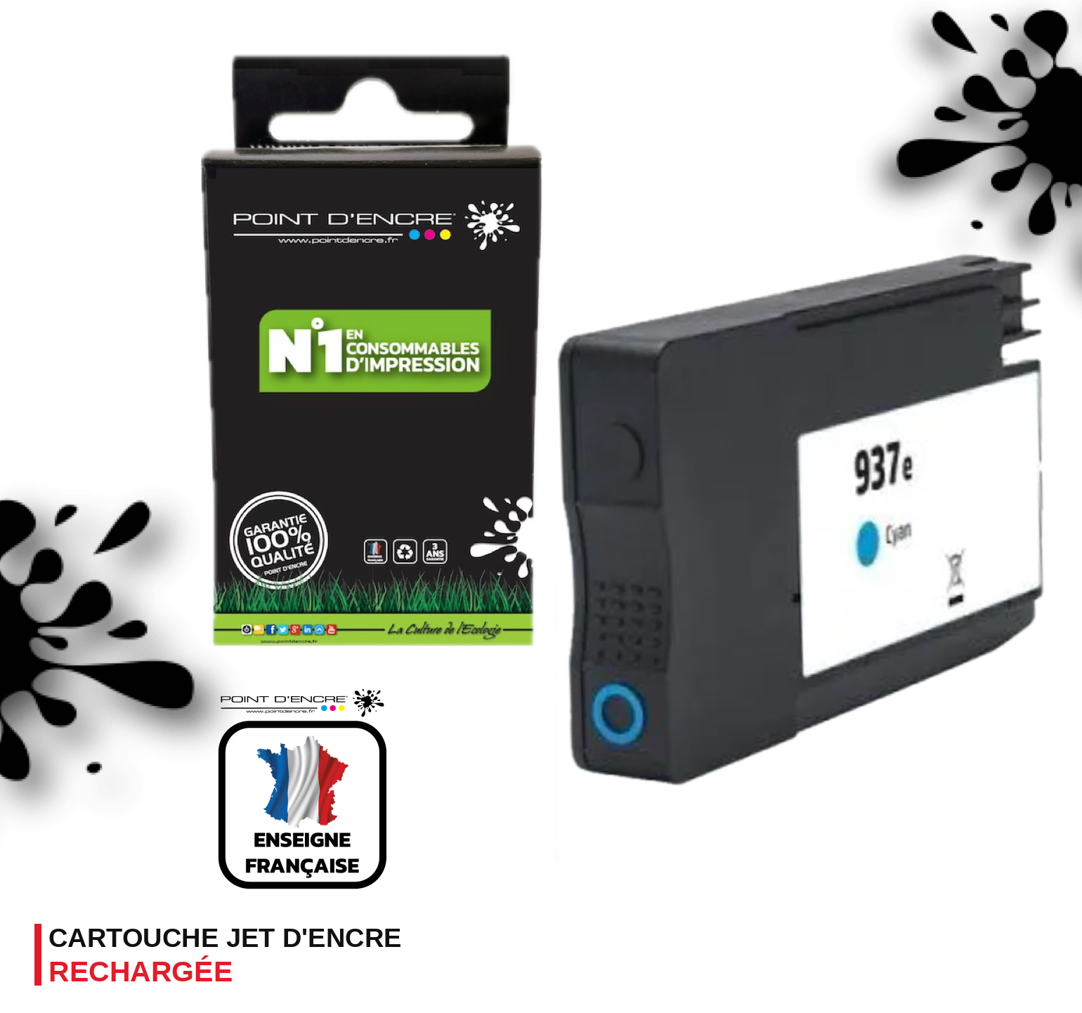 937eXL - CYAN - Grande capacité de Marque Française POINT D'ENCRE Pour imprimante compatible HP (cehp)