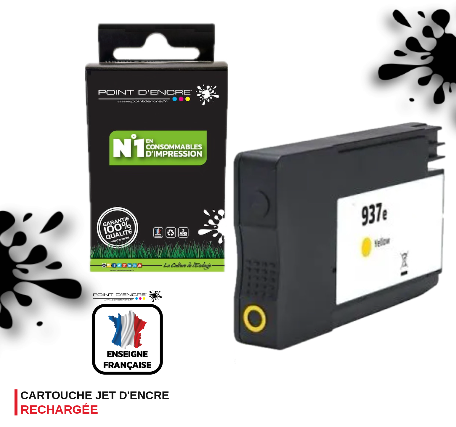 937eXL - JAUNE - Grande capacité de Marque Française POINT D'ENCRE Pour imprimante compatible HP (cehp)