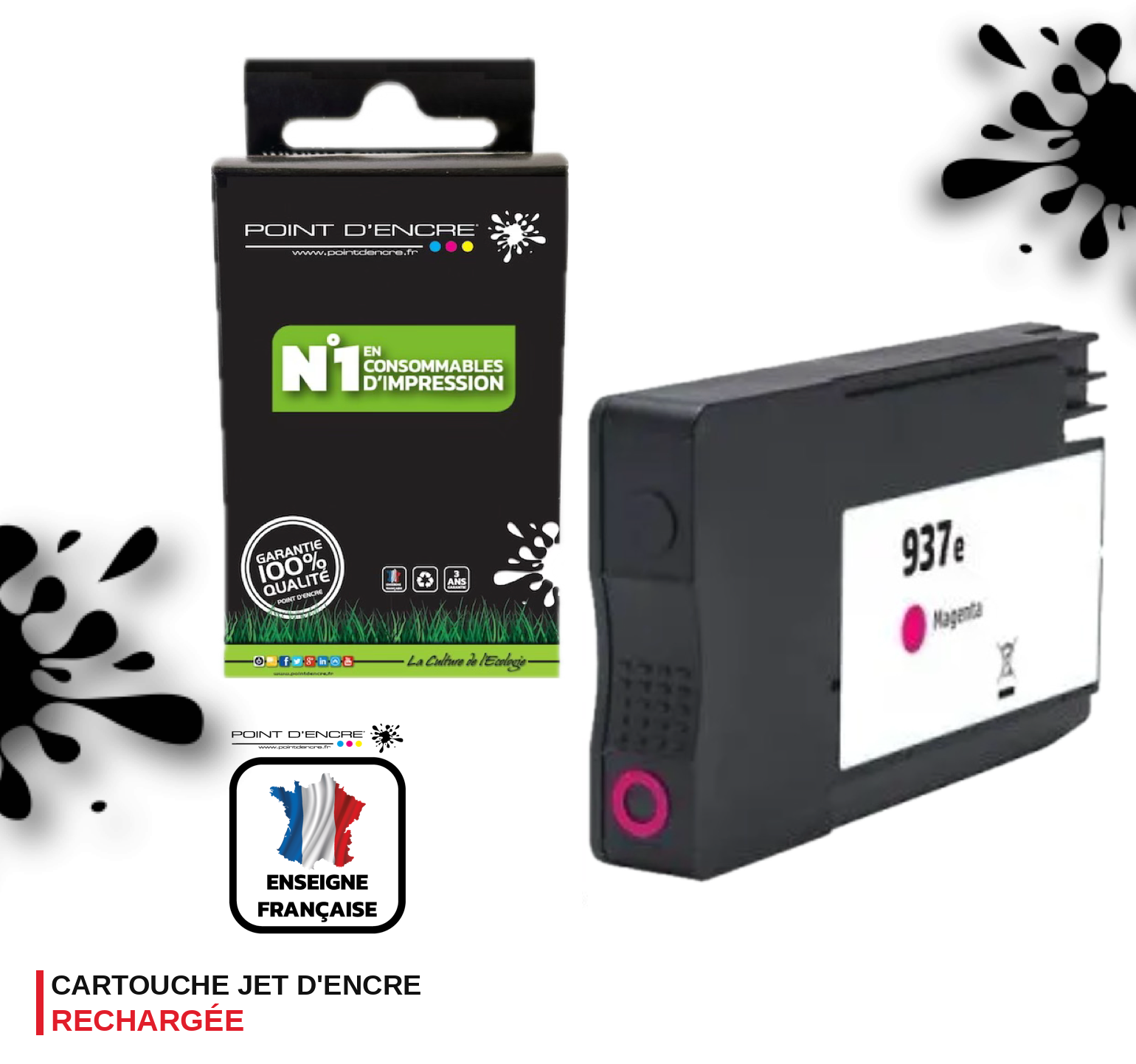 937eXL - MAGENTA - Grande capacité de Marque Française POINT D'ENCRE Pour imprimante compatible HP (cehp)