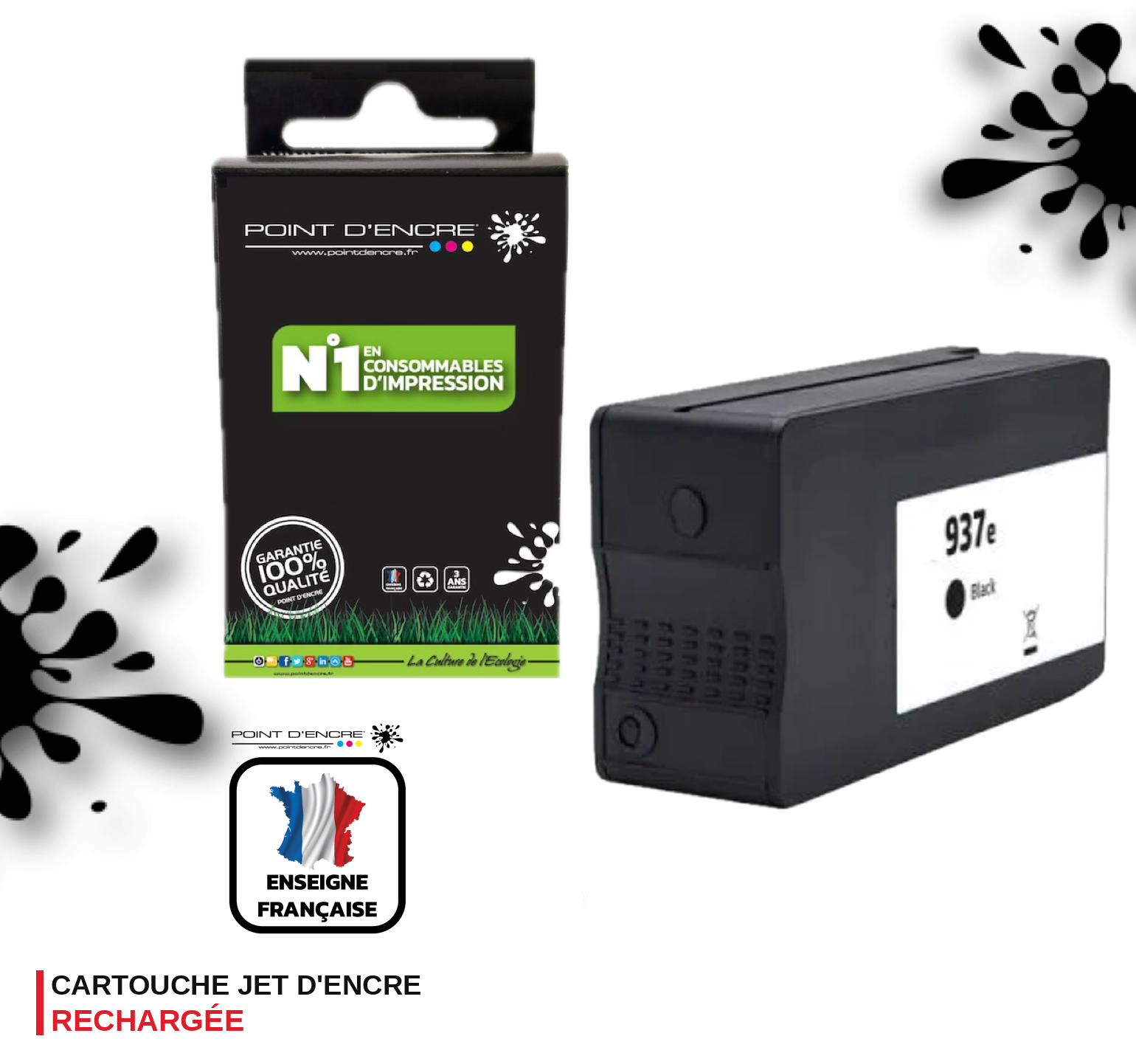 937eXL - NOIR - Grande capacité de Marque Française POINT D'ENCRE Pour imprimante compatible HP (cehp)